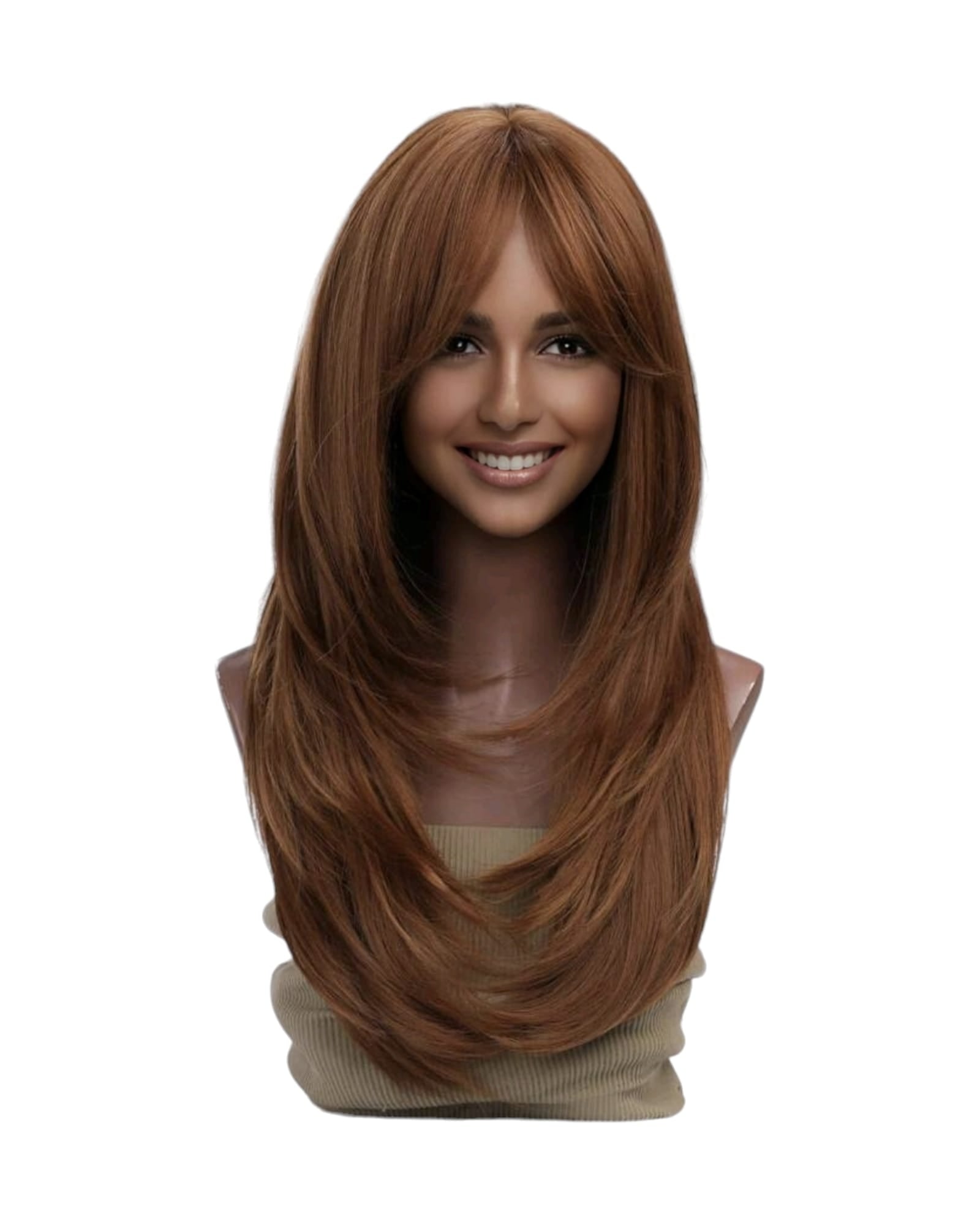 Cinnamon Auburn Brown Straight Layered Long Fringe Bangs Wig. Ally.