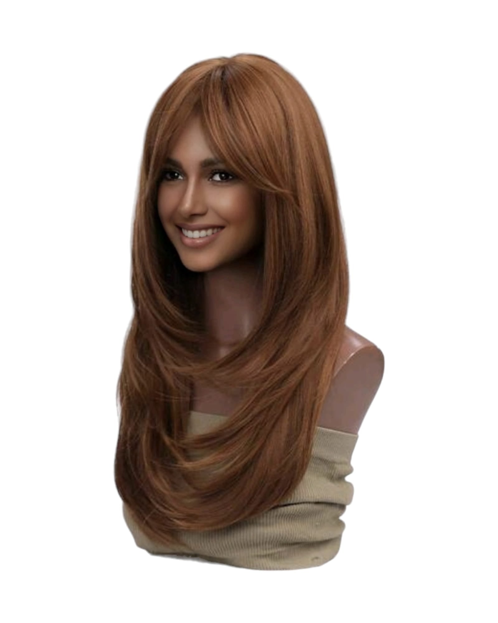 Cinnamon Auburn Brown Straight Layered Long Fringe Bangs Wig. Ally.