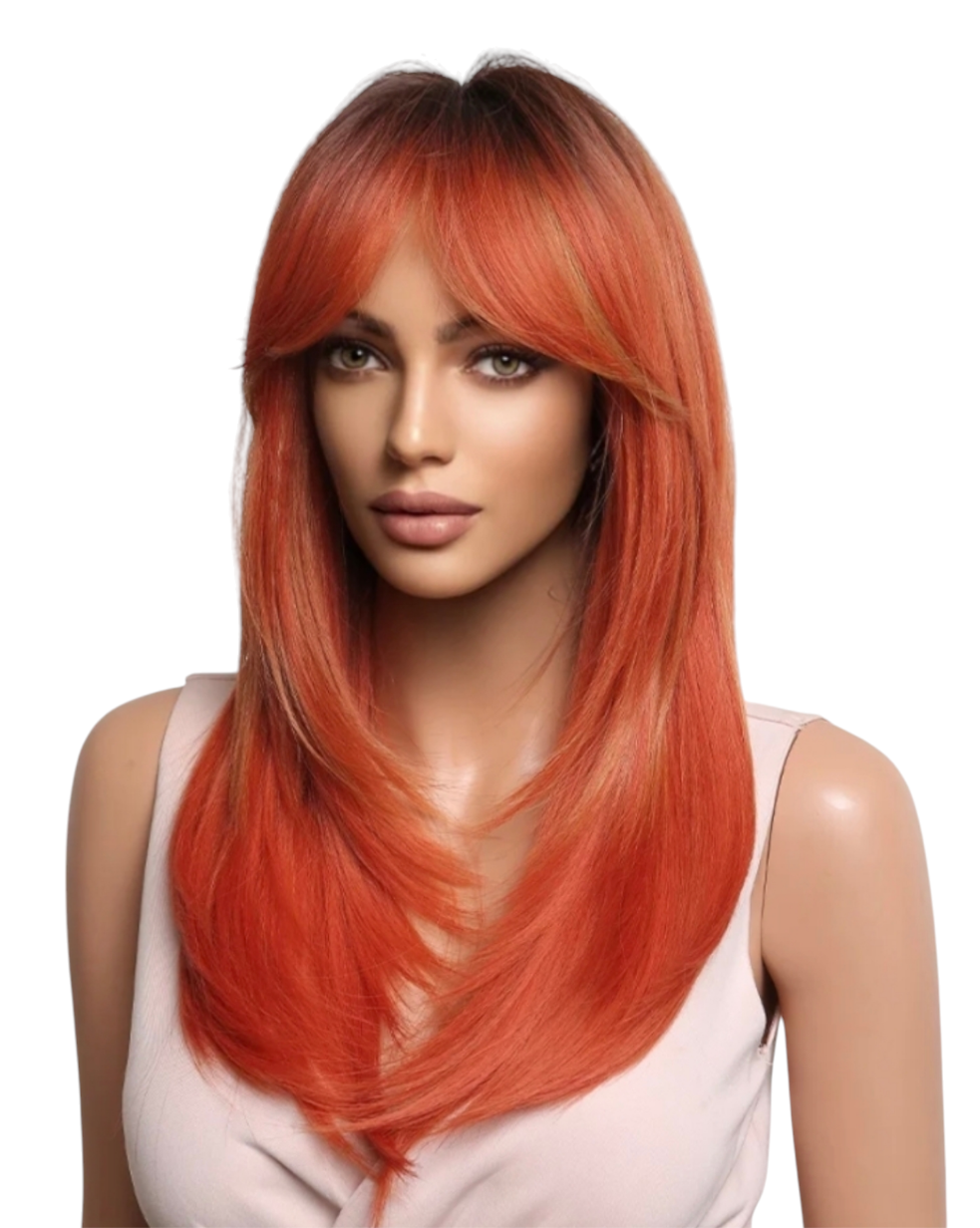 Orange Ombre Straight Layered Long Fringe Bangs Wig. Ally.