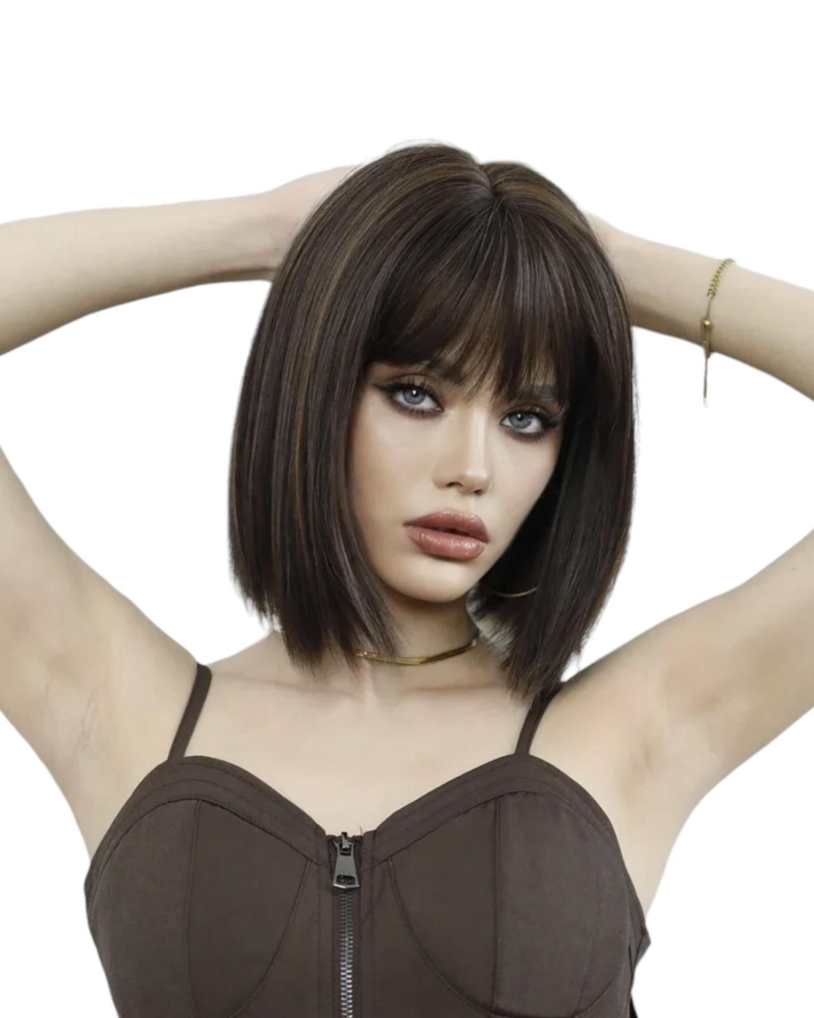 Brunette Bob Wig. Caramel Streaks. Peri