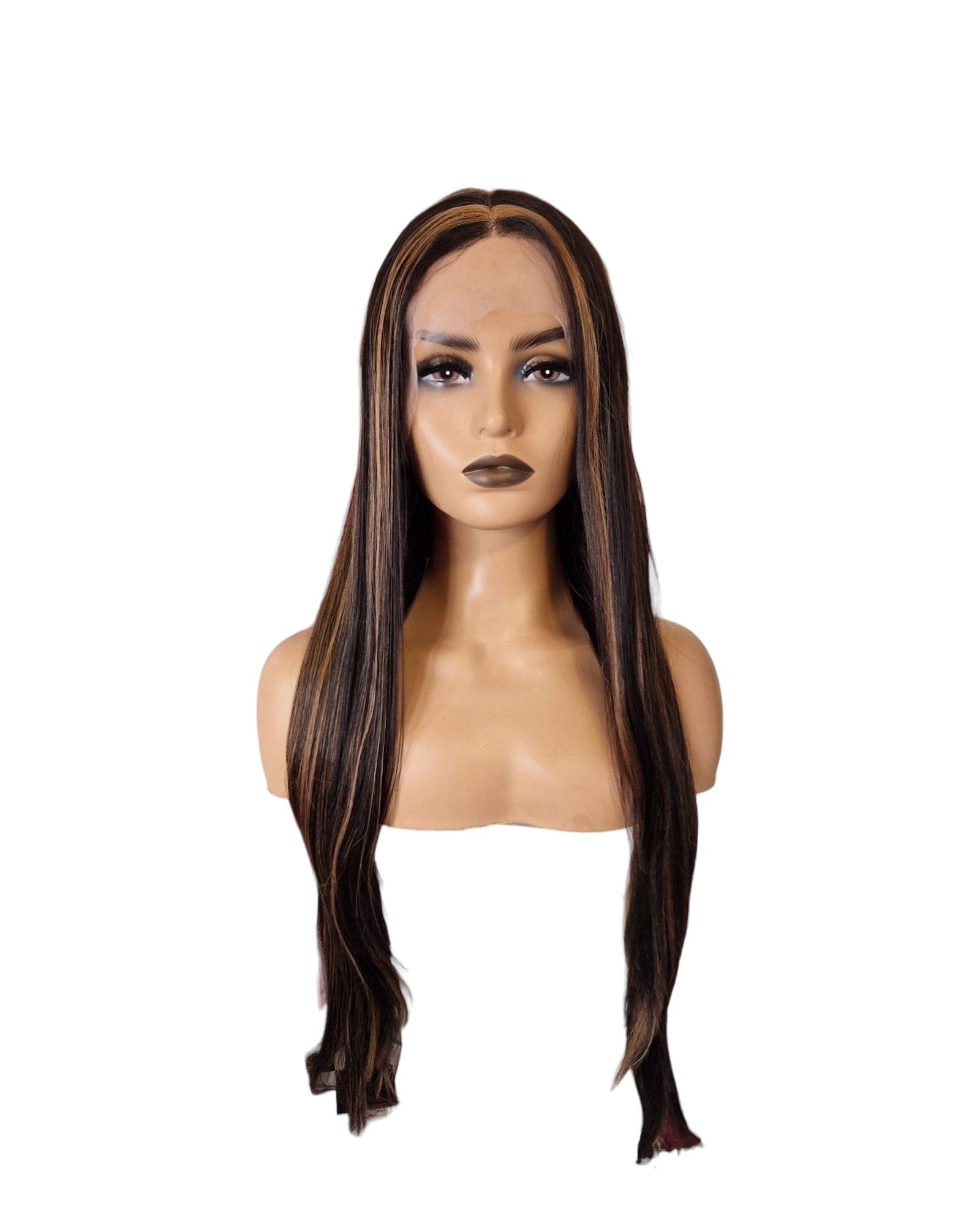 Brunette Streaked Lace Front Wig. Long Silky Straight T Part Wig. Ziva