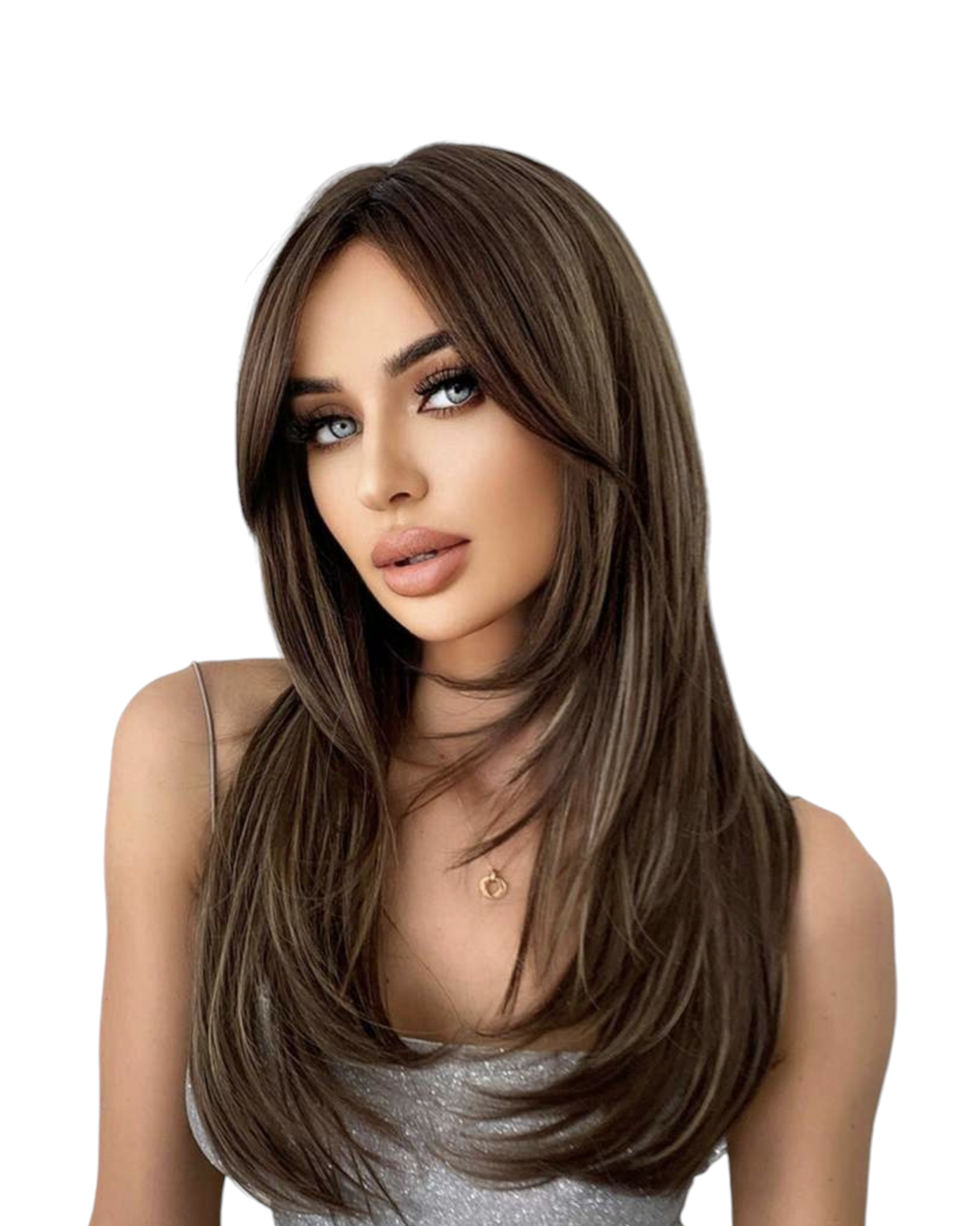 24.5 Inch Long Straight Ash Brown Middle Skin cheapest Part Heat Resistant Wig with Bangs [148-729-Felicia-8]