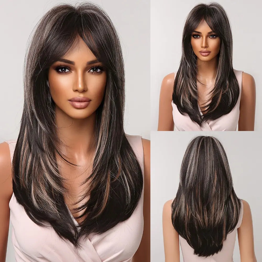 Dark Brown Straight Layered Long Fringe Bangs Wig. Ally