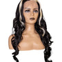 Blonde Streaked Bangs Black Wavy Lace Front Wig. Visage