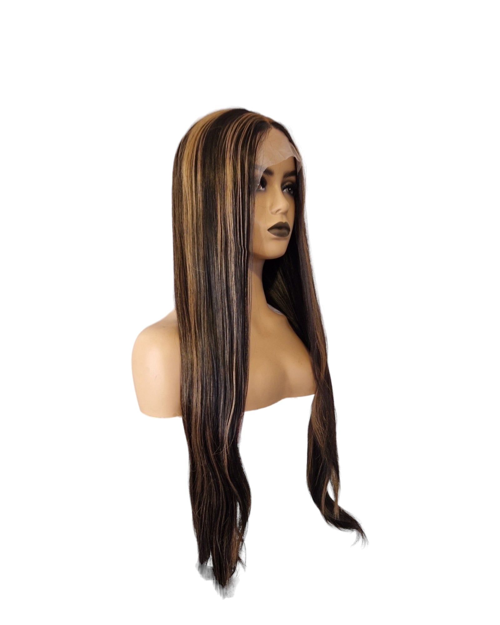 Brunette Streaked Lace Front Wig. Long Silky Straight T Part Wig. Ziva