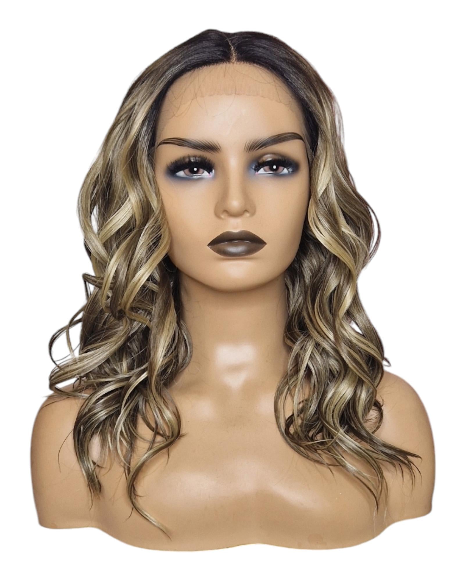 Ash Brown Blonde Streaked Mid Length Lace Front Wig. Breezy