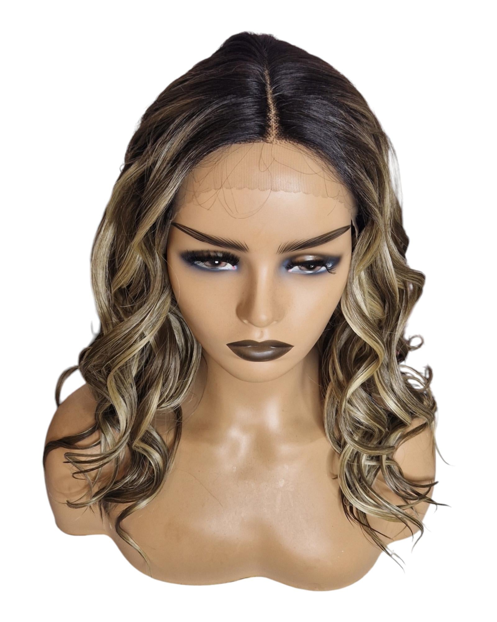 Ash Brown Blonde Streaked Mid Length Lace Front Wig. Breezy