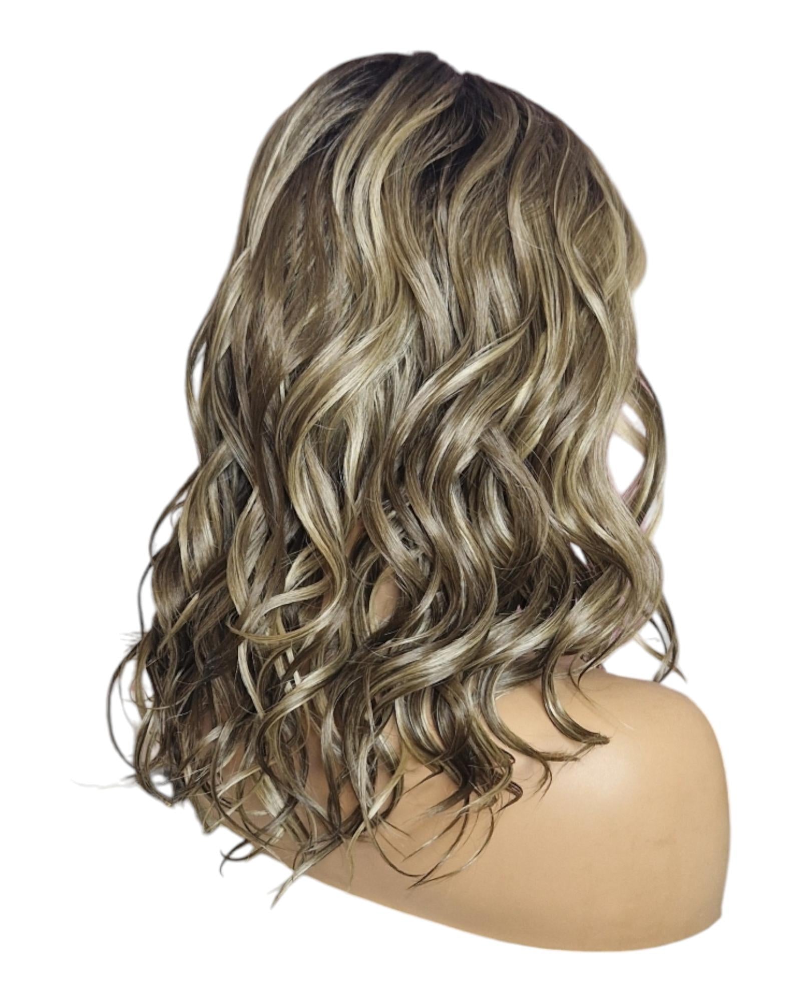 Ash Brown Blonde Streaked Mid Length Lace Front Wig. Breezy