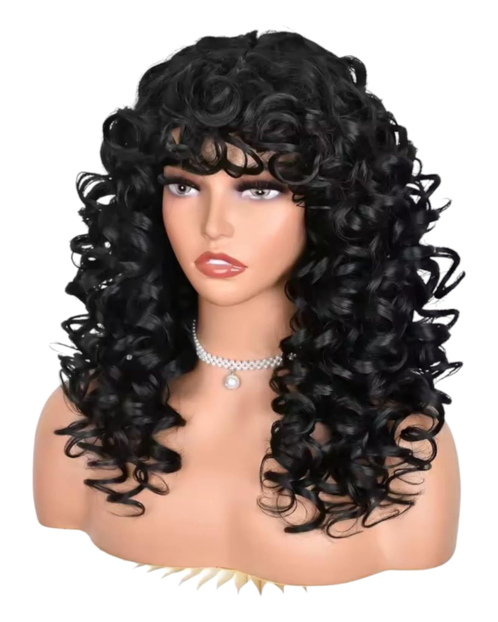 Black Curly Long Wig With Fringe. Nisha