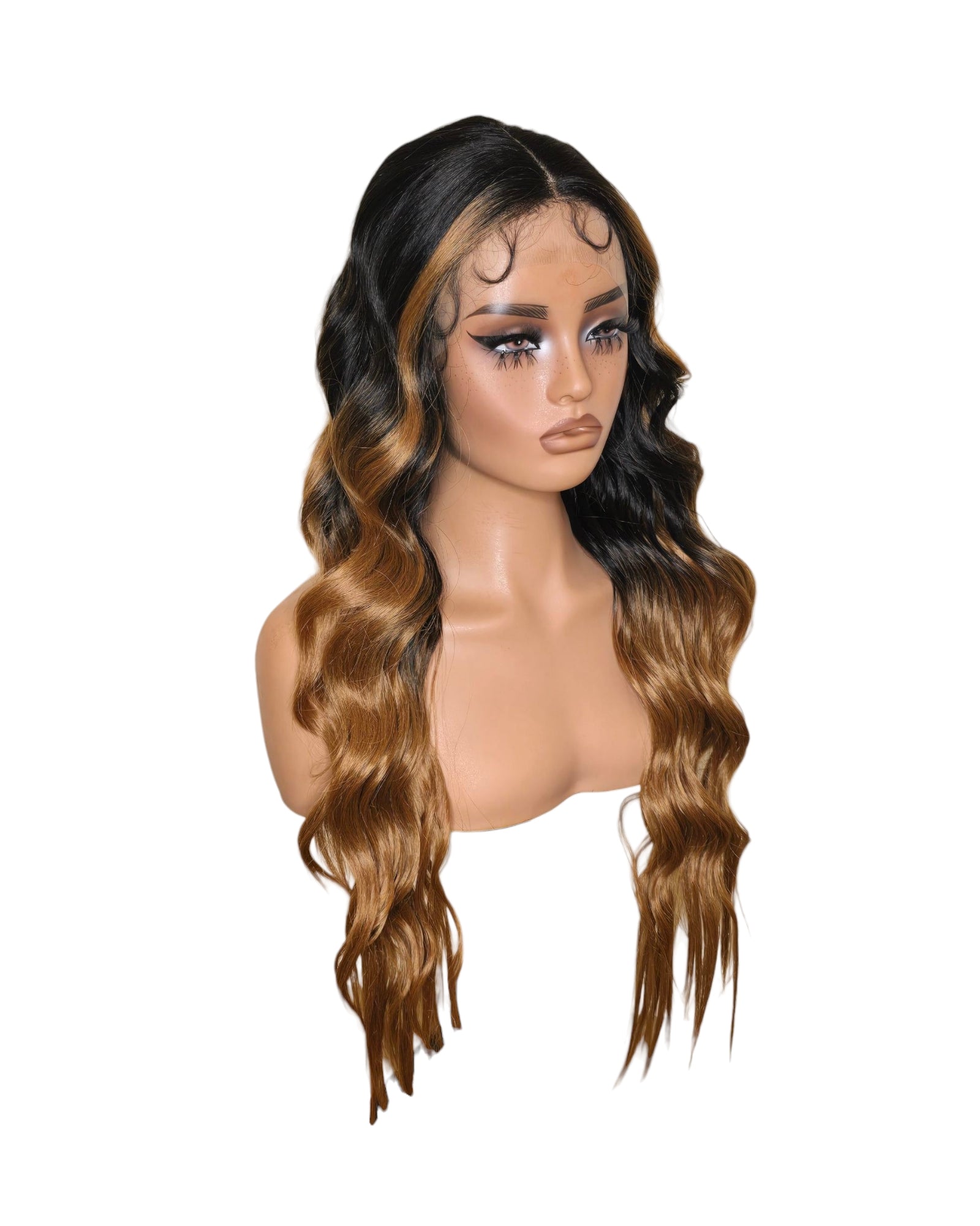 Black Caramel Ombre Wavy Middle Part Lace Front Wig. Badra.