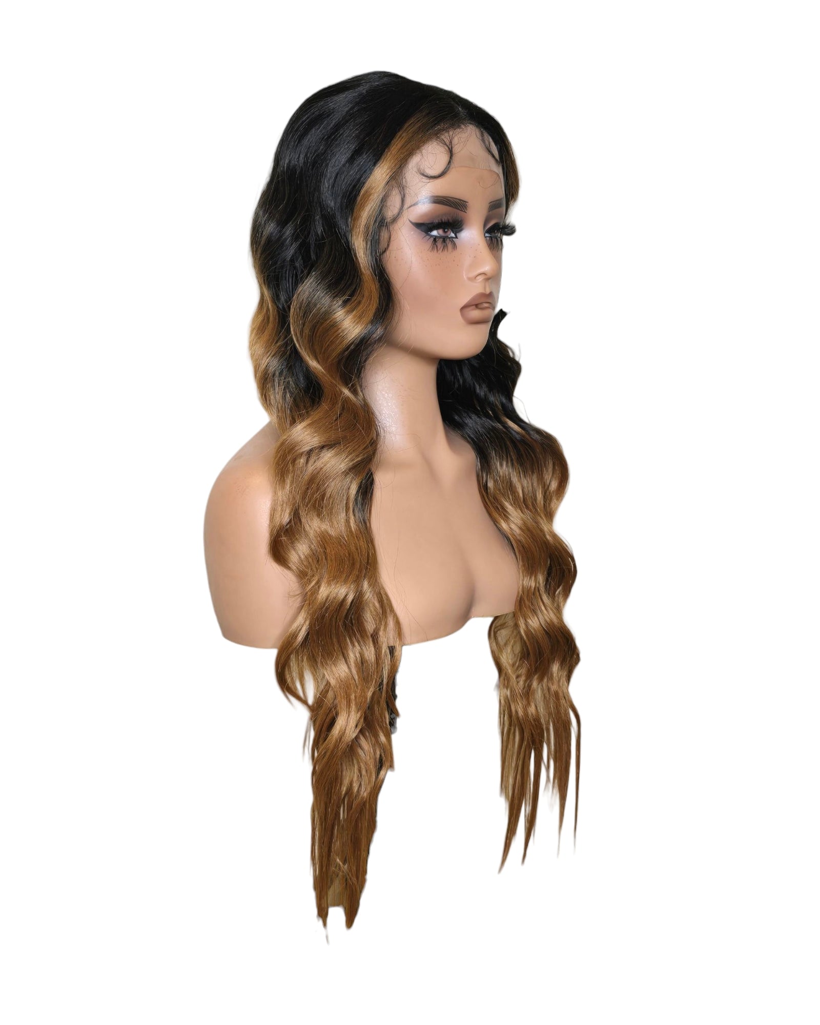 Black Caramel Ombre Wavy Middle Part Lace Front Wig. Badra.