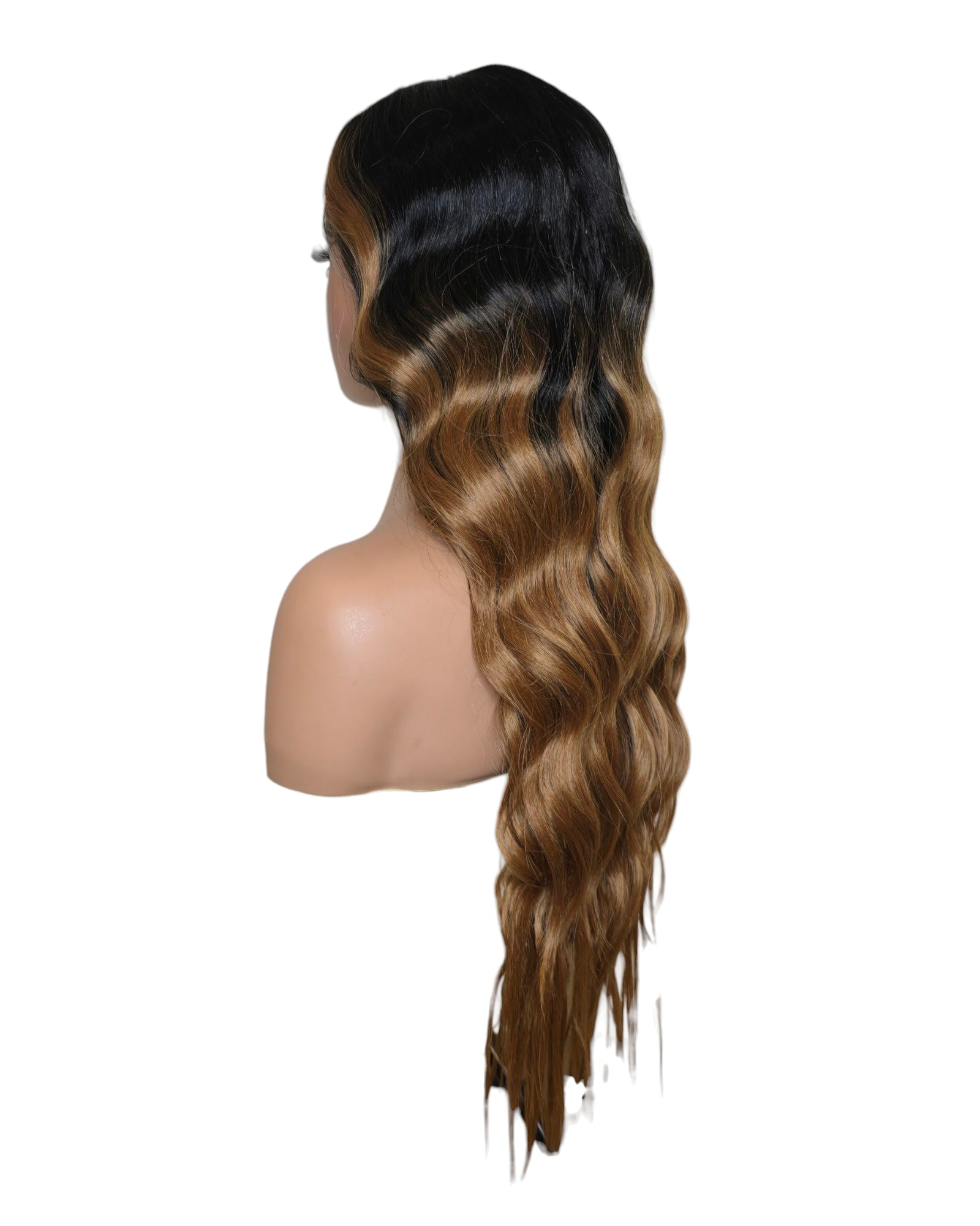 Black Caramel Ombre Wavy Middle Part Lace Front Wig. Badra.