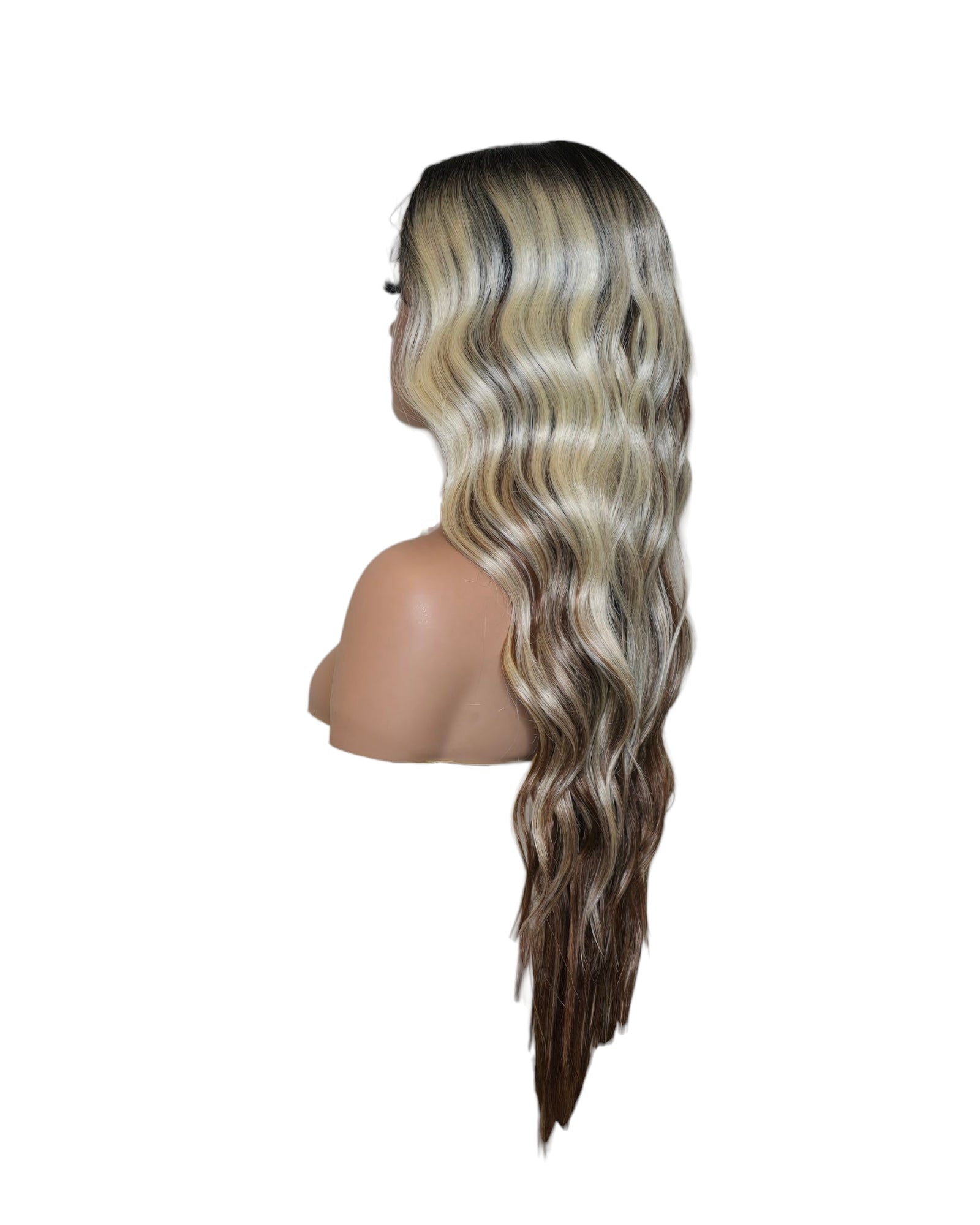 Chocolate Blonde Wavy Middle Part Lace Front Wig. Badra.