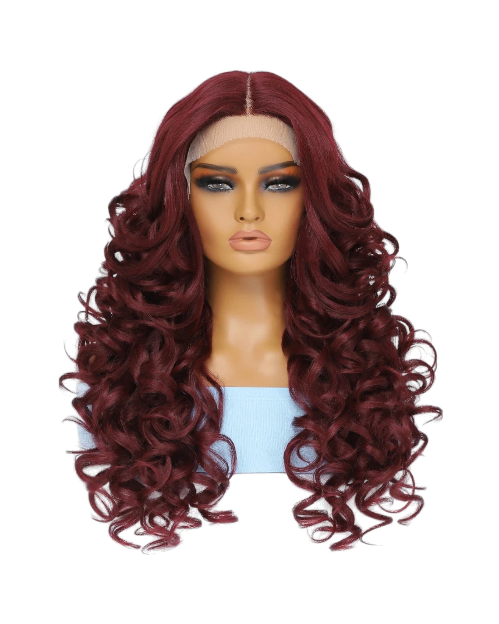 Burgundy Curly Lace Front Wig. Centre Part Wig. Zena