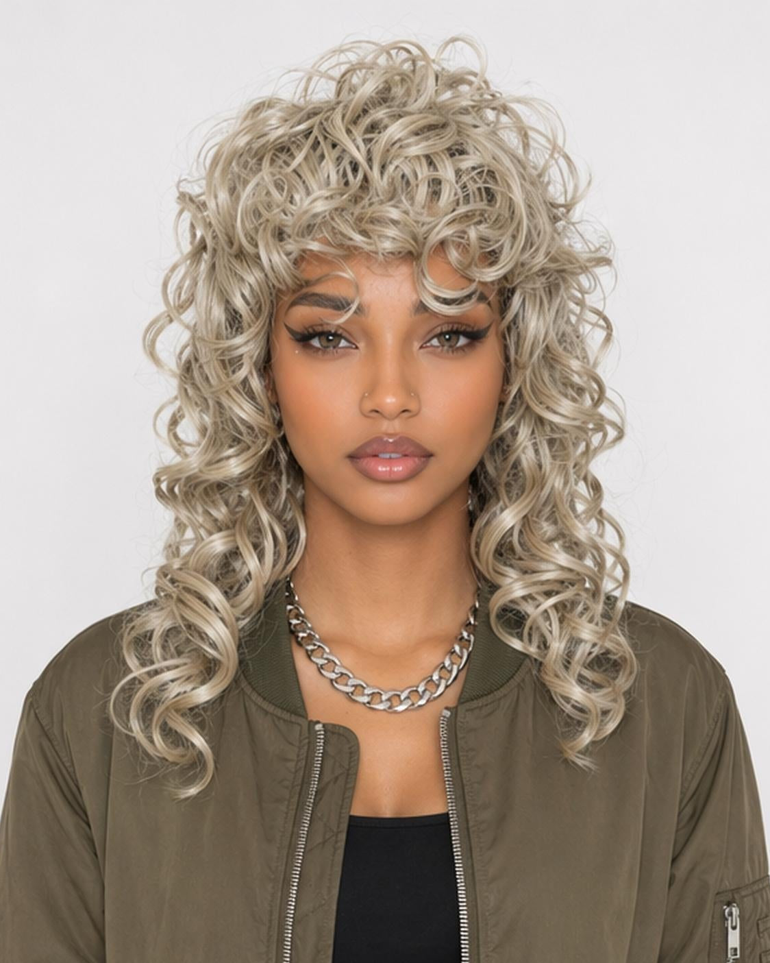 Ash Blonde Curly Shag Mullet Wig.