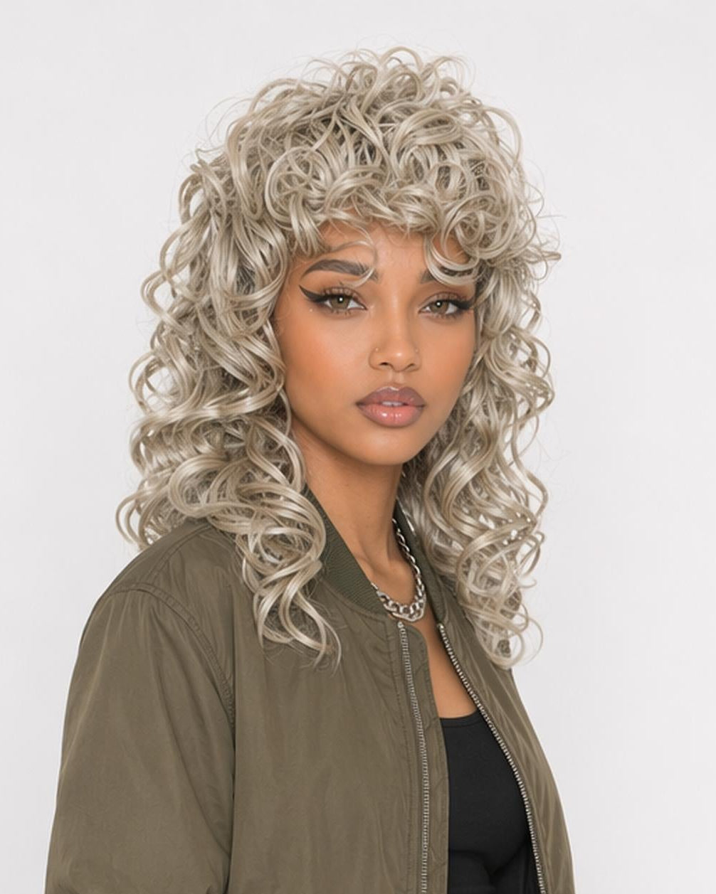 Ash Blonde Curly Shag Mullet Wig.