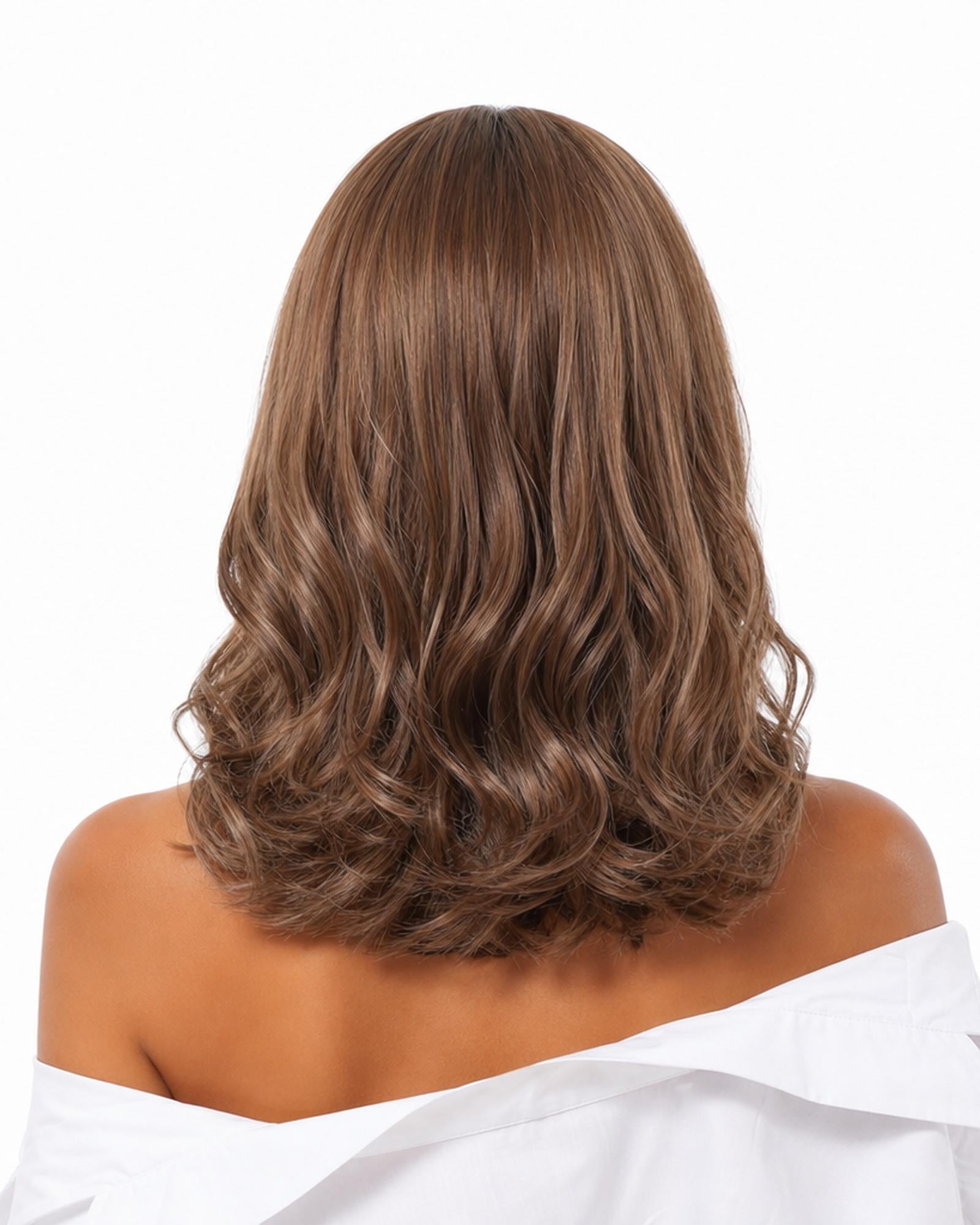 Cora — autumn brown wavy lob wig, rear view