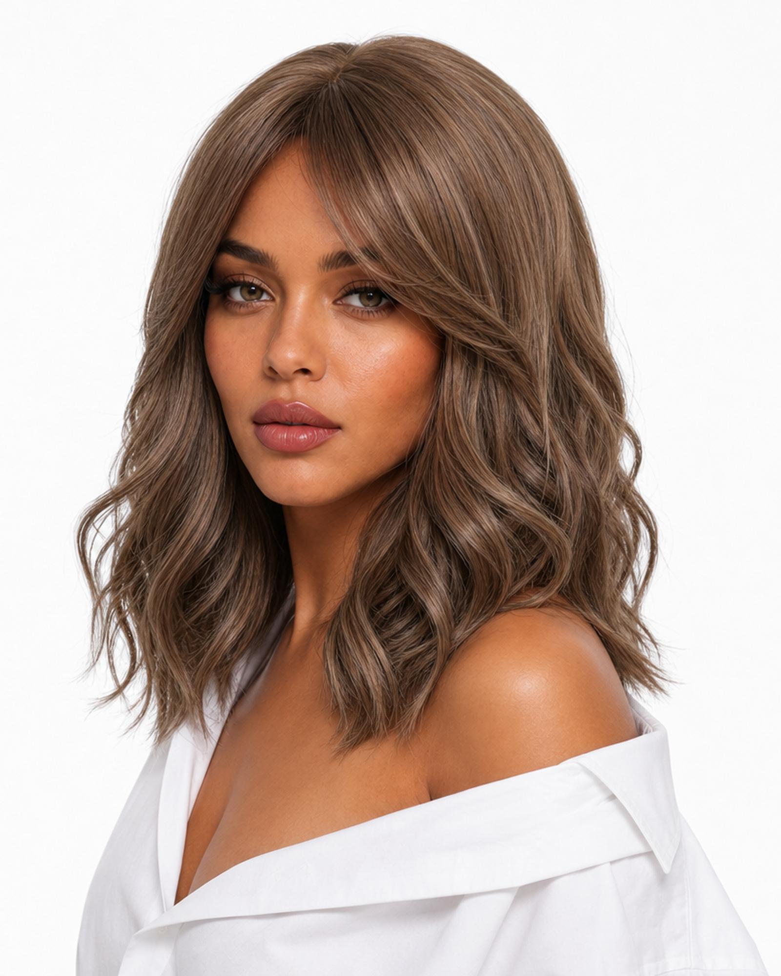 Cora — autumn brown wavy lob wig, right side view