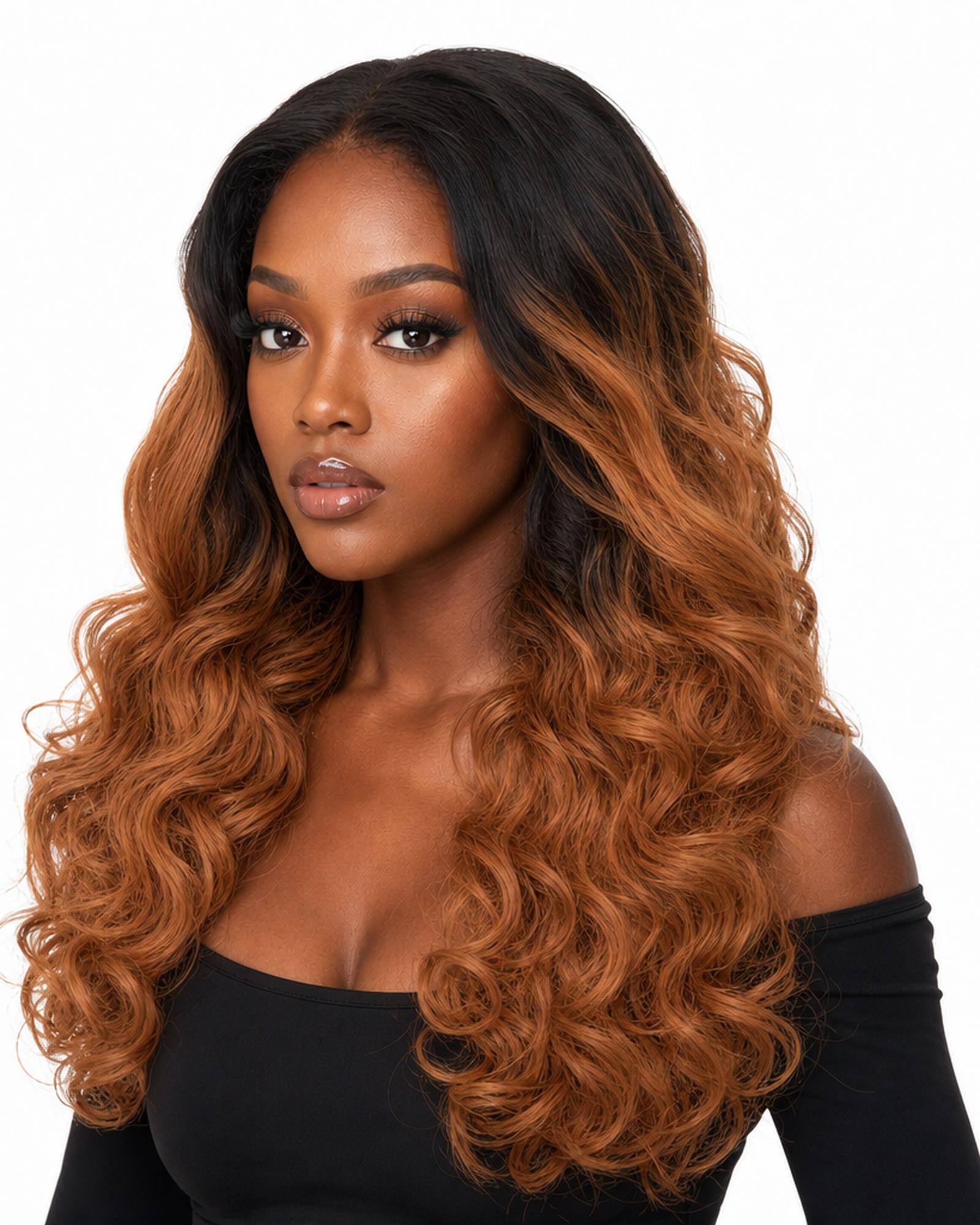 Black Ombre Caramel Brown Wavy Curl Lace Front Wig. Imani