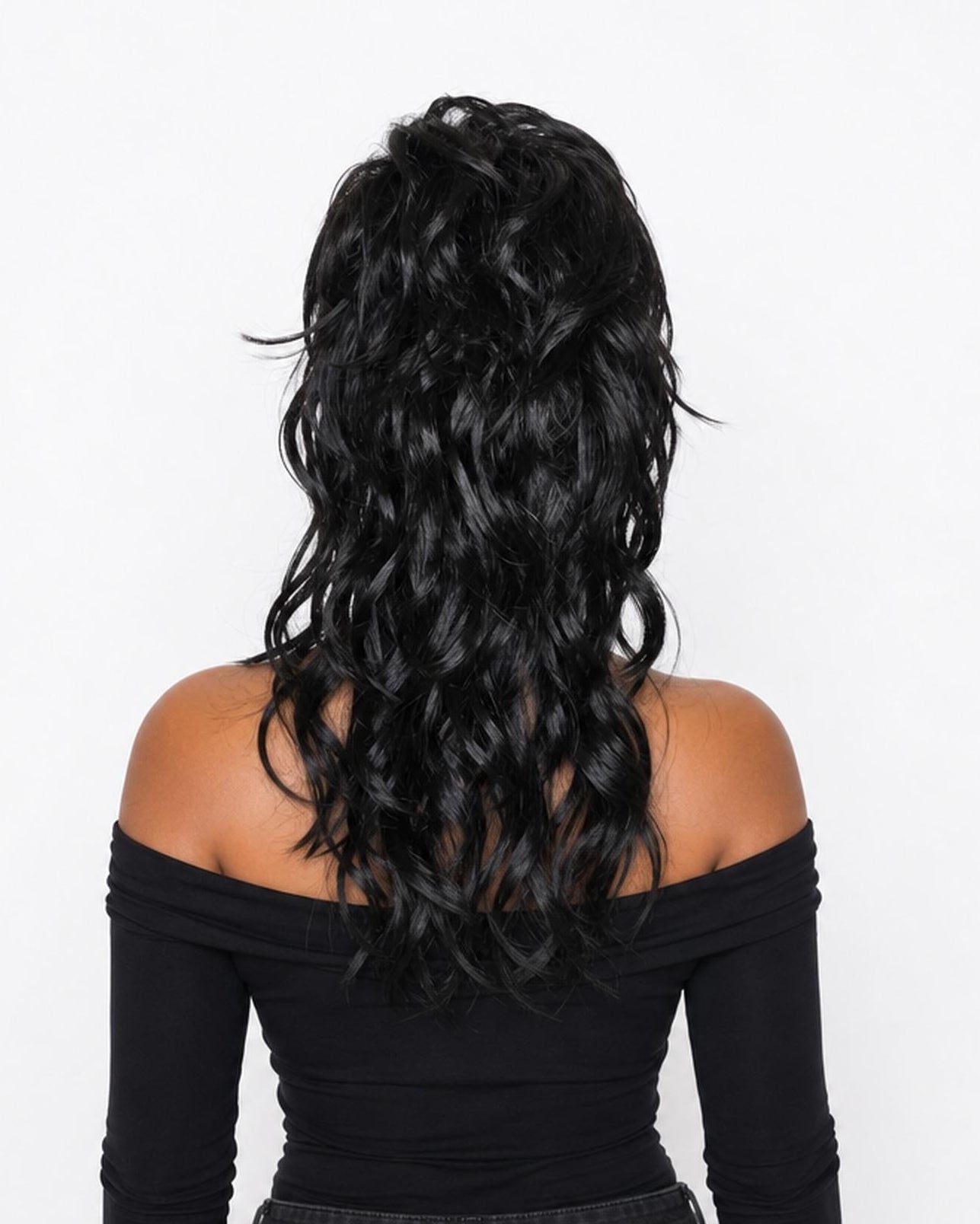 Black wavy shag mullet wig - Reema - rear view - CelebWigs