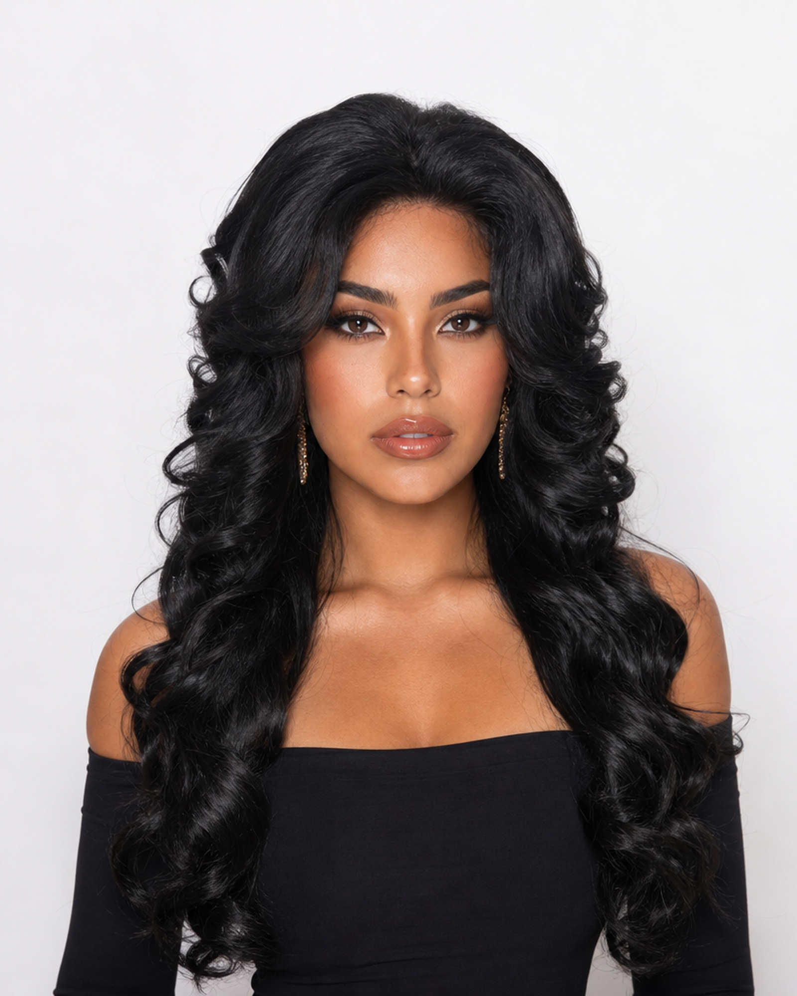 Farrah — black volume retro 70s lace front wig, front view