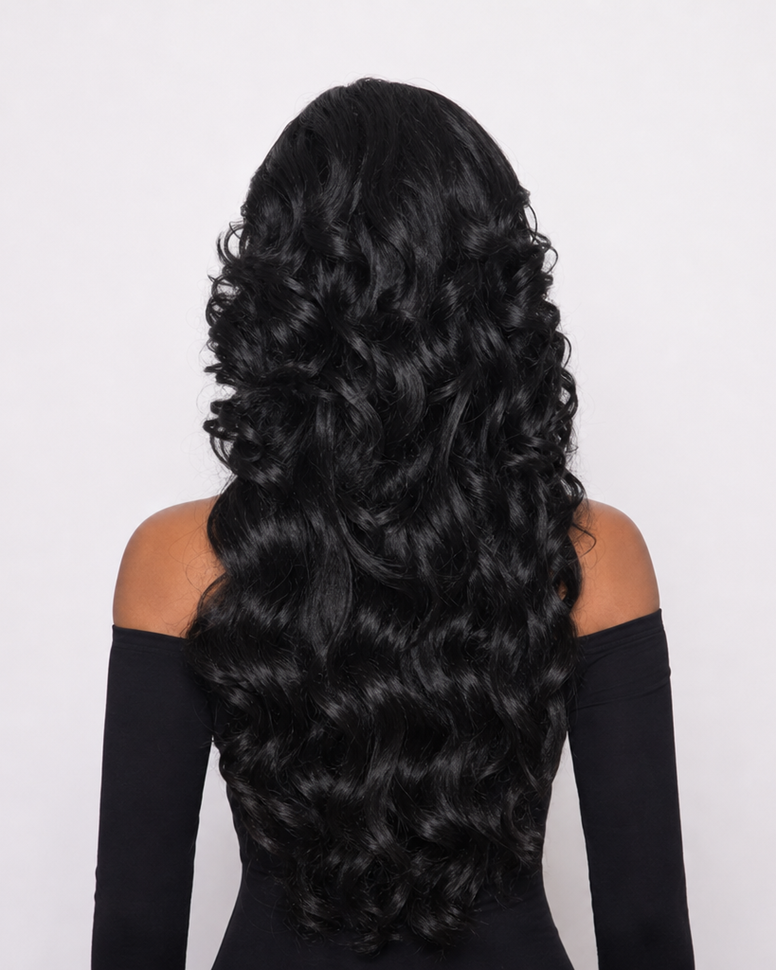 Farrah — black volume retro 70s lace front wig, rear view