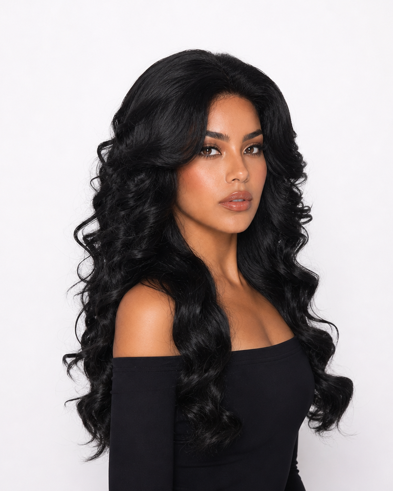 Farrah — black volume retro 70s lace front wig, right side view