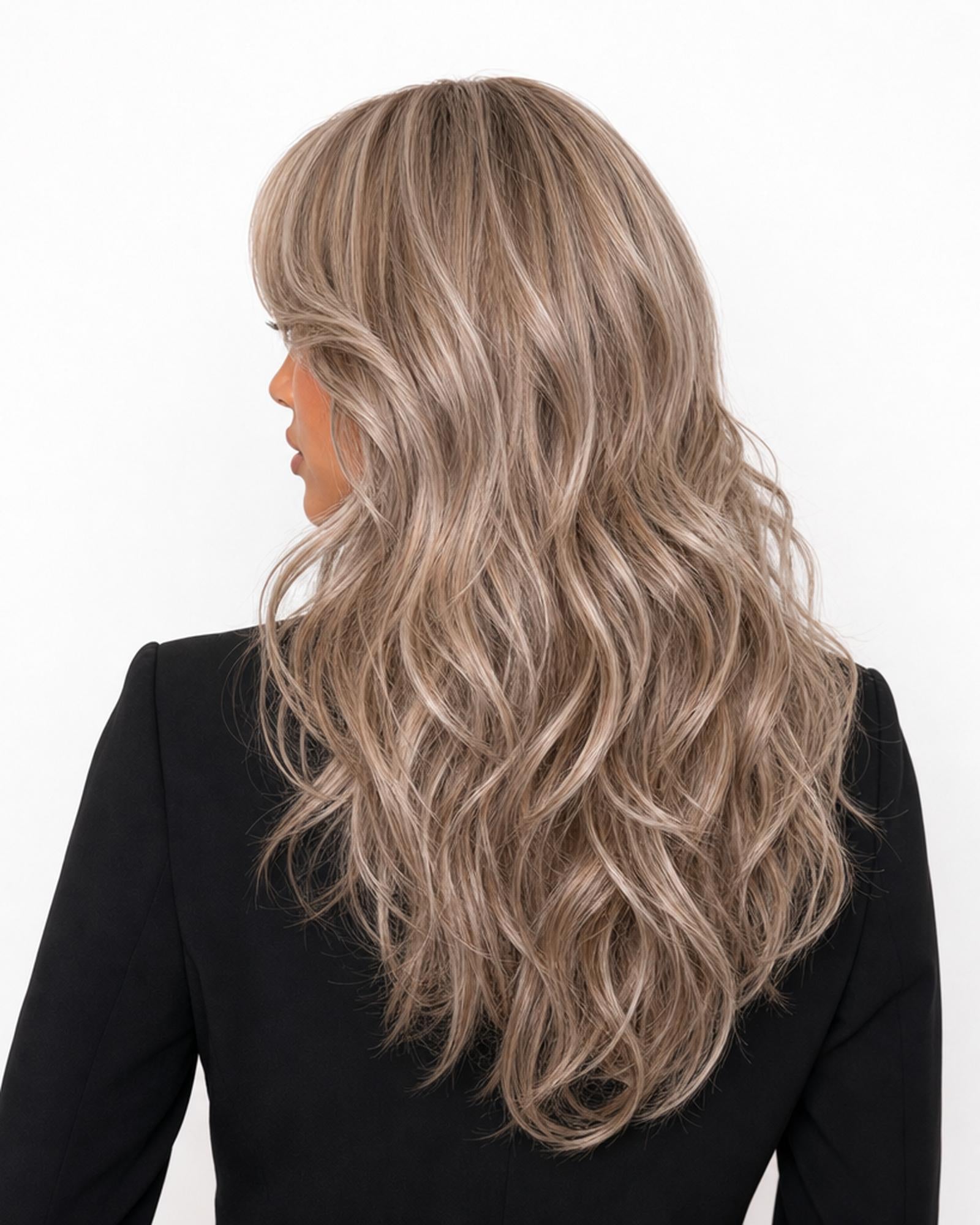 Cora — melted blonde long wavy with fringe bangs wig, rear view
