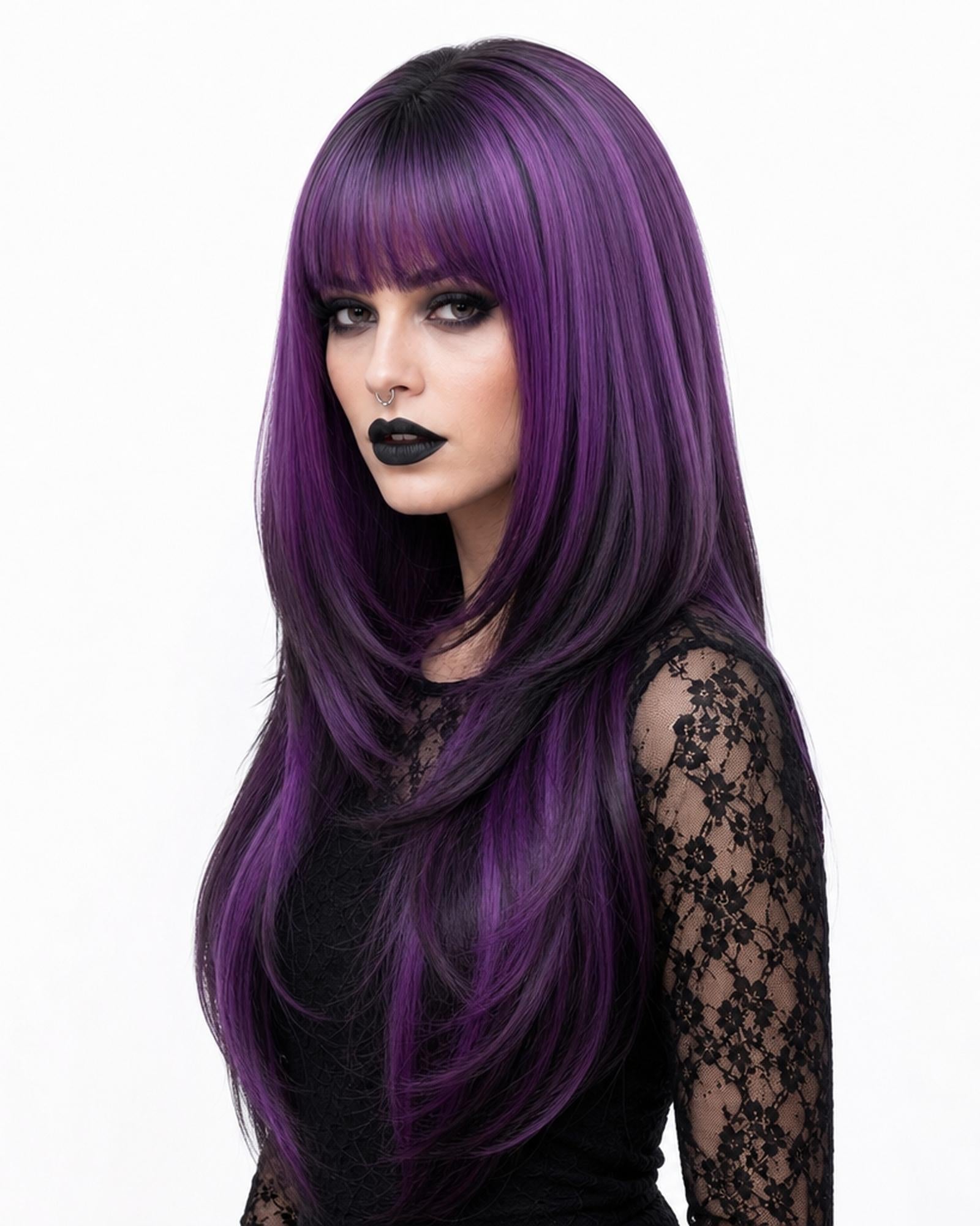 Ione — purple long wavy ombre with fringe bangs wig, left side view
