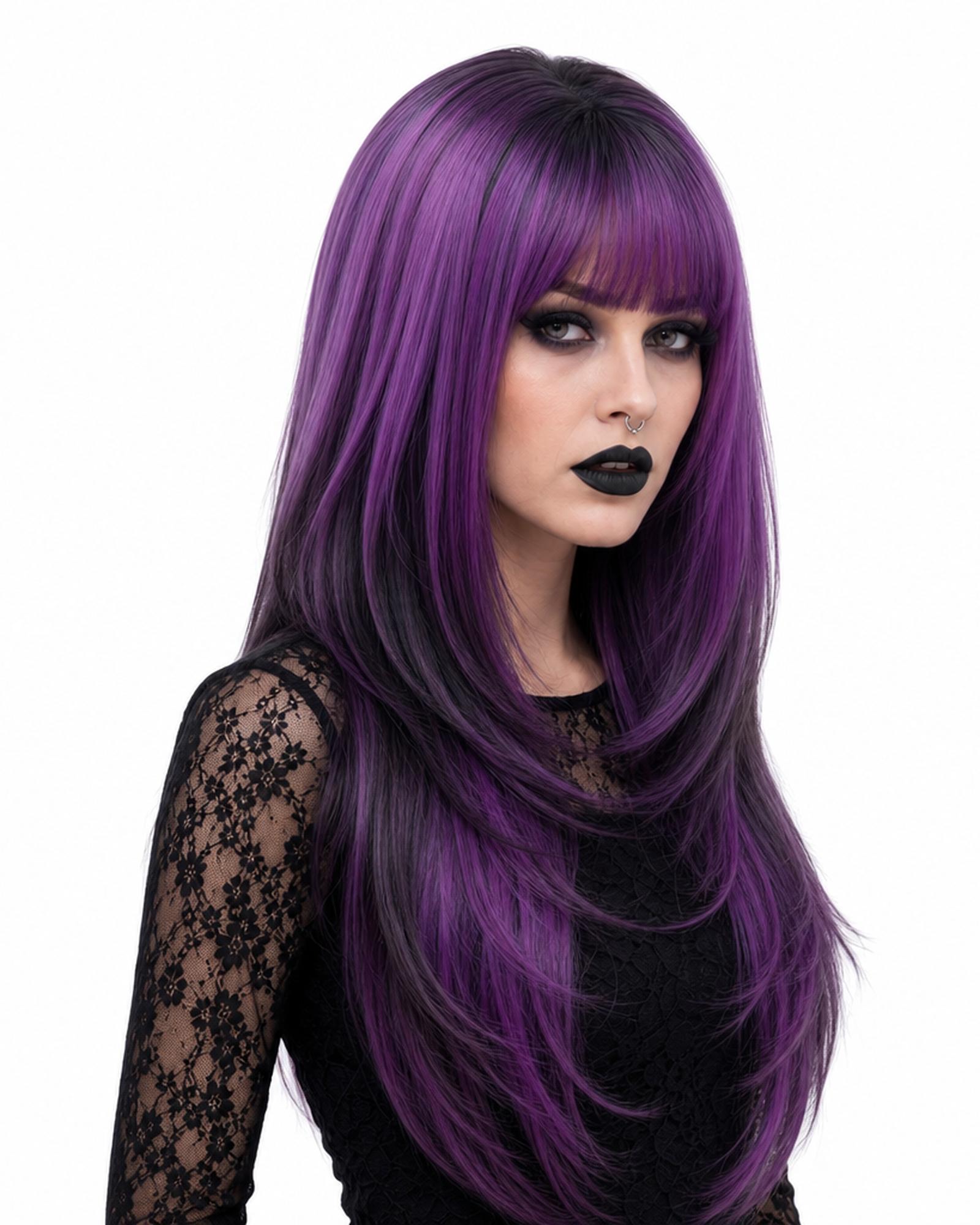 Ione — purple long wavy ombre with fringe bangs wig, right side view