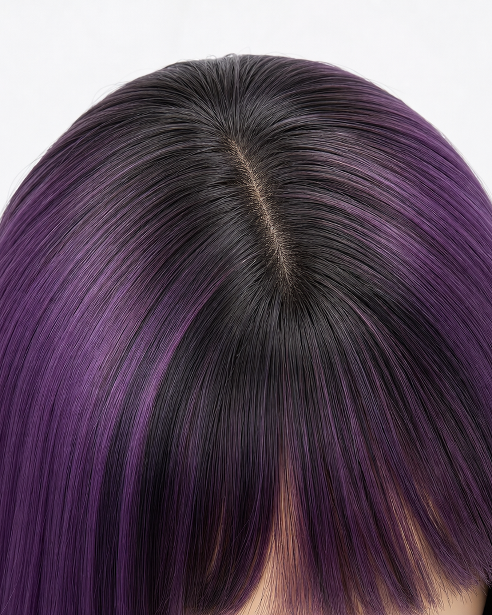 Ione — purple long wavy ombre with fringe bangs wig, top hairline close-up