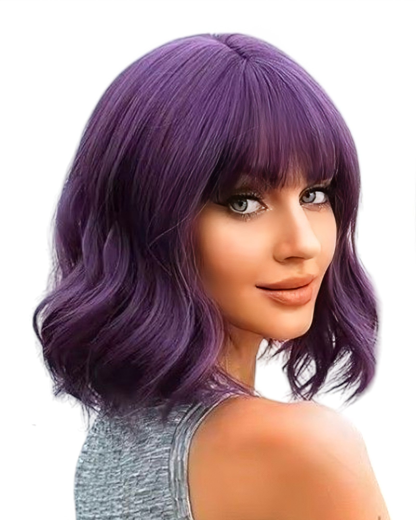 Purple Wavy Bob Wig With Fringe. Damson