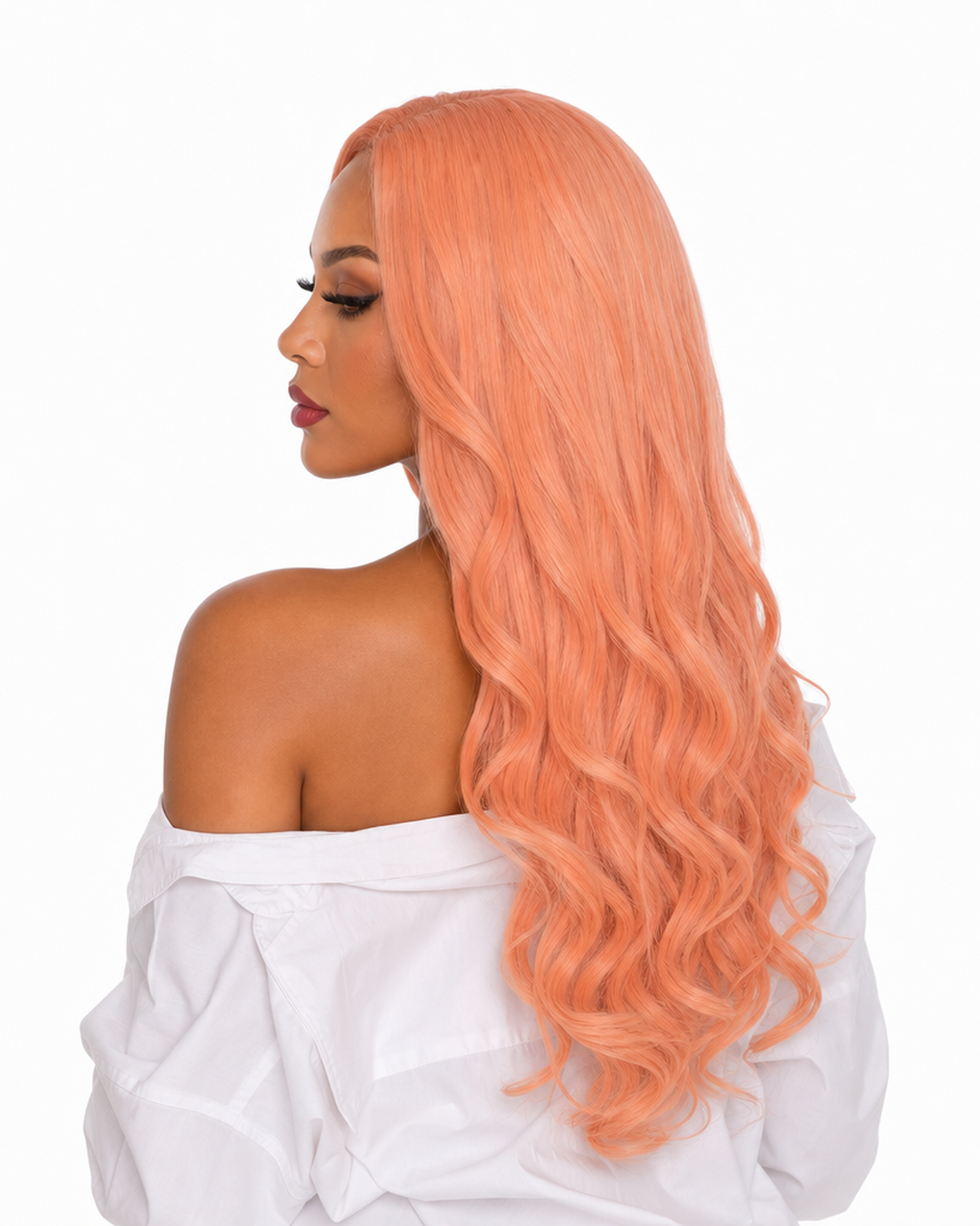 Apricot pink long wavy lace front wig - Lenka - rear view - CelebWigs