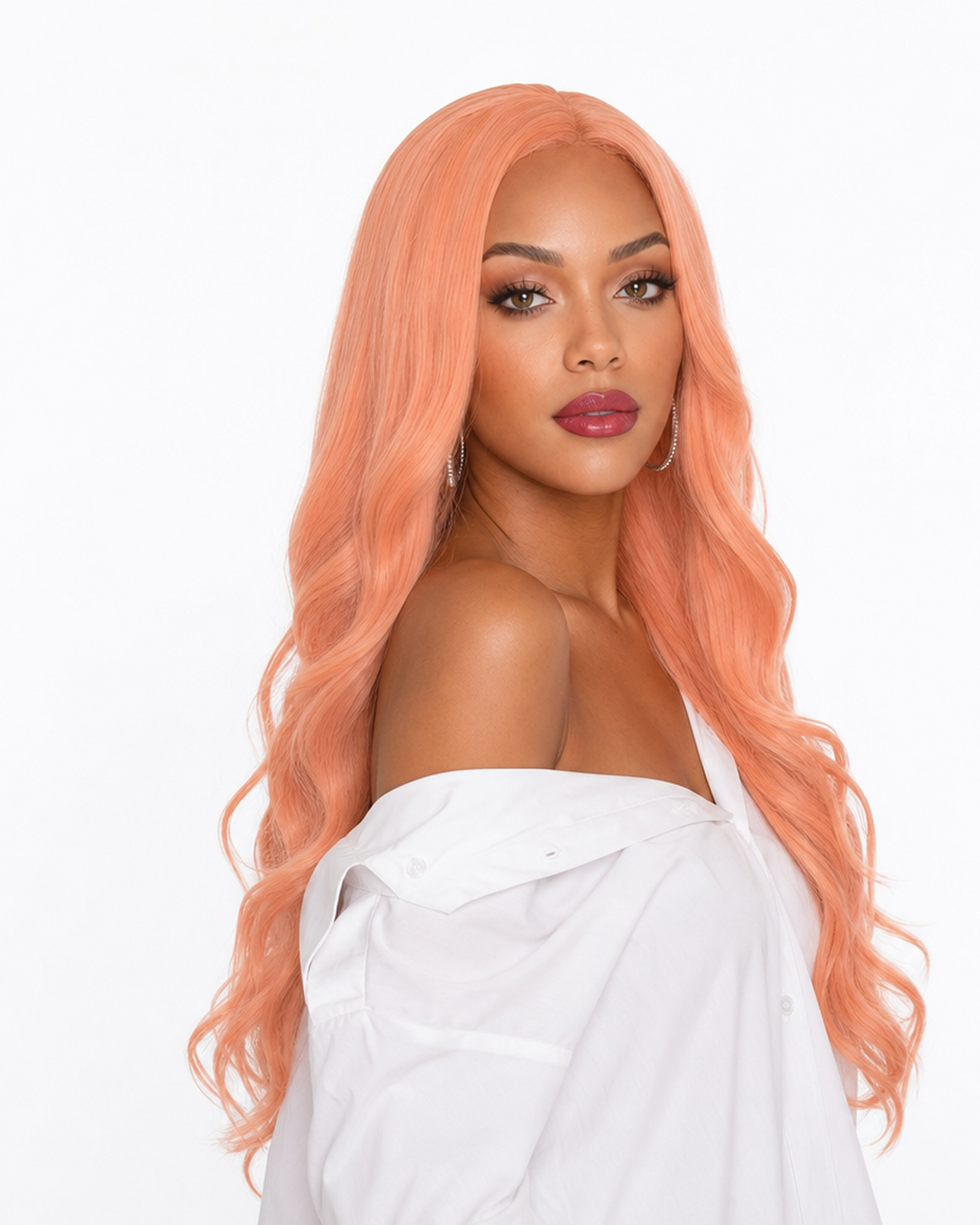 Apricot pink long wavy lace front wig - Lenka - right view - CelebWigs