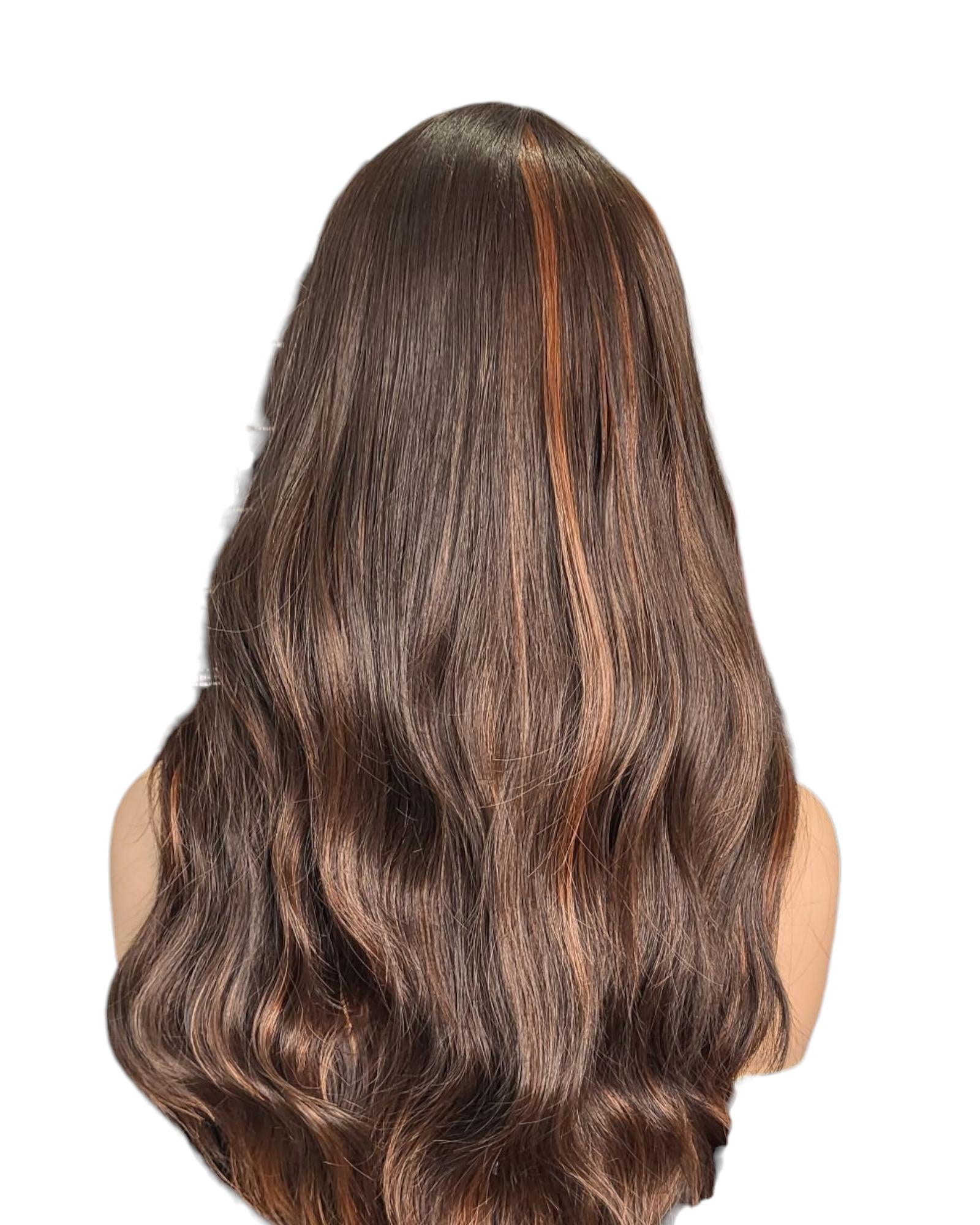 Brown Long Wavy Wig With Caramel Highlights. Tali
