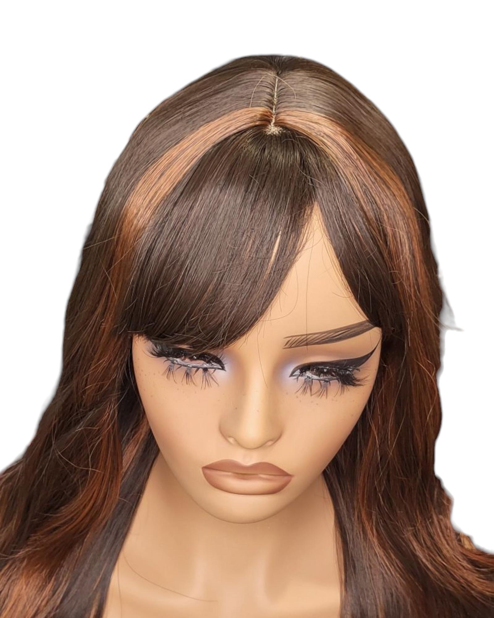 Brown Long Wavy Wig With Caramel Highlights. Tali