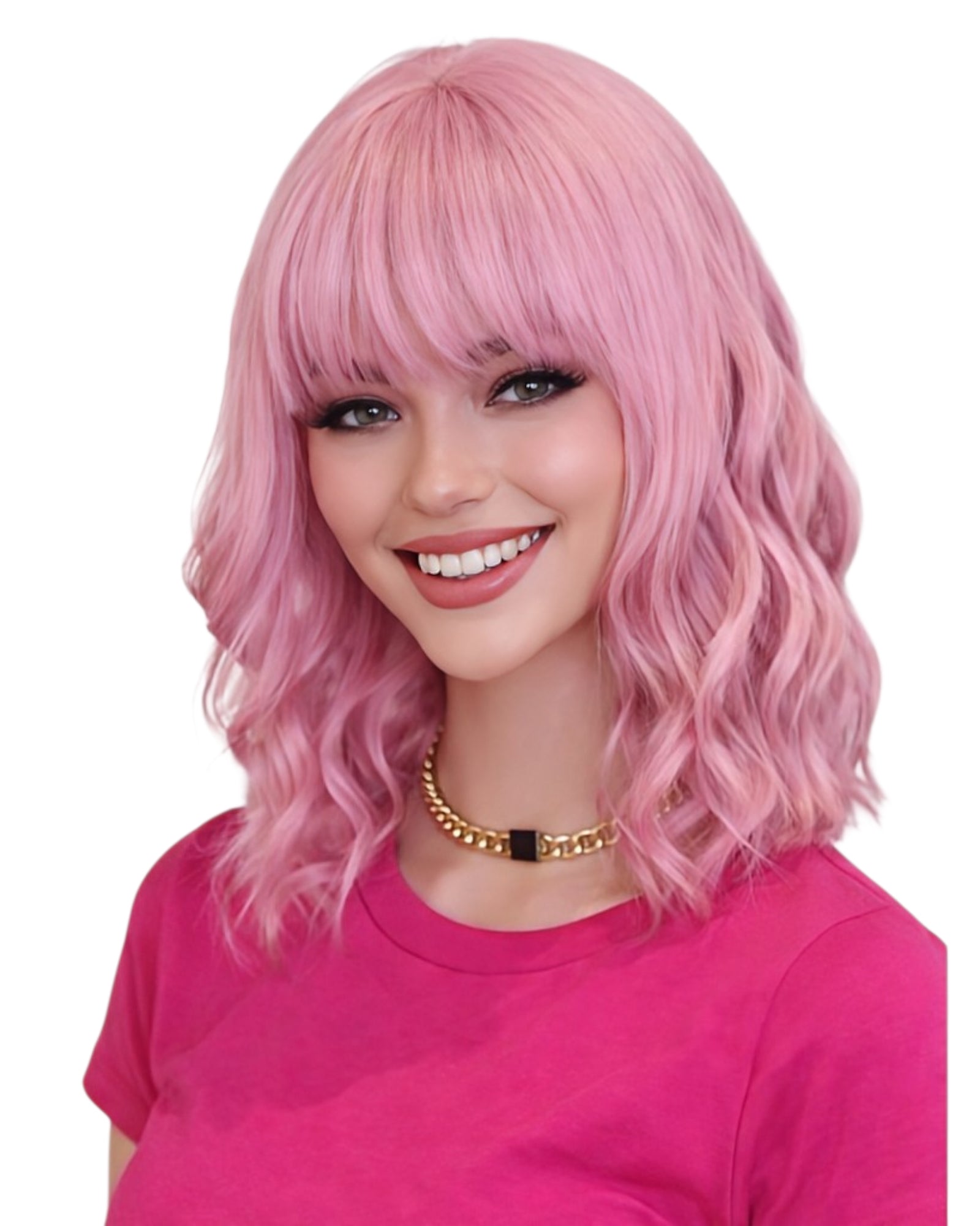 Wavy Pink Fashion Wig With Fringe Bangs. Sherry