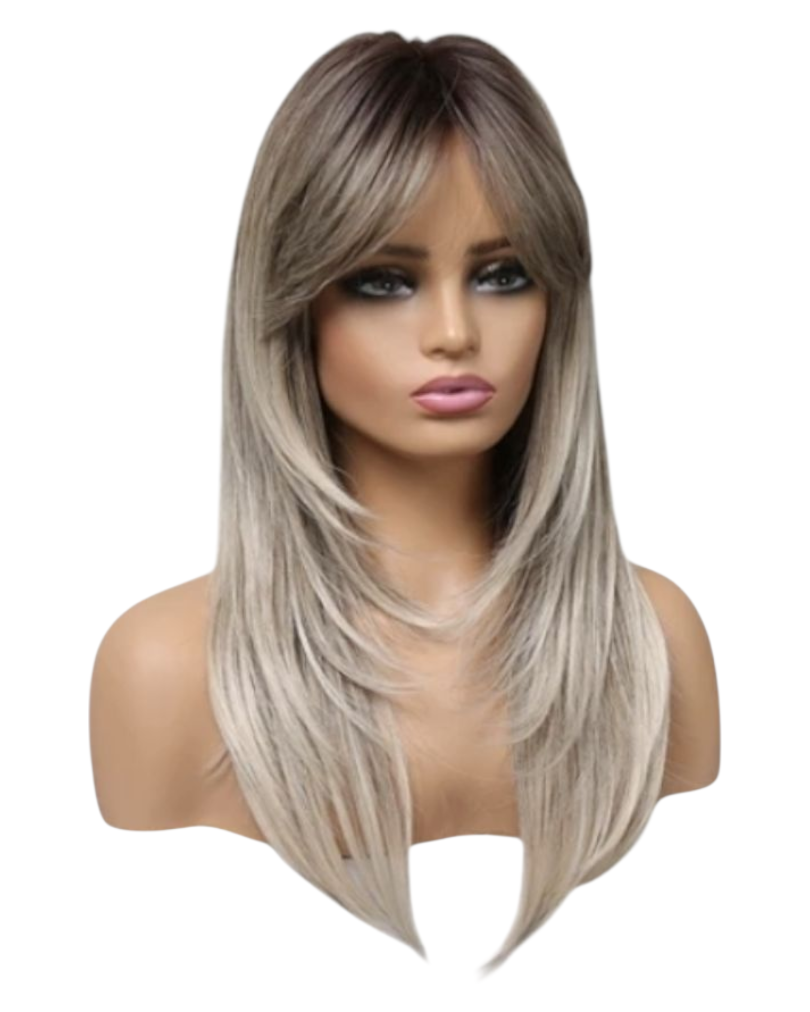 Rooted Blonde Layered Long Fringe Bangs Wig. Ally