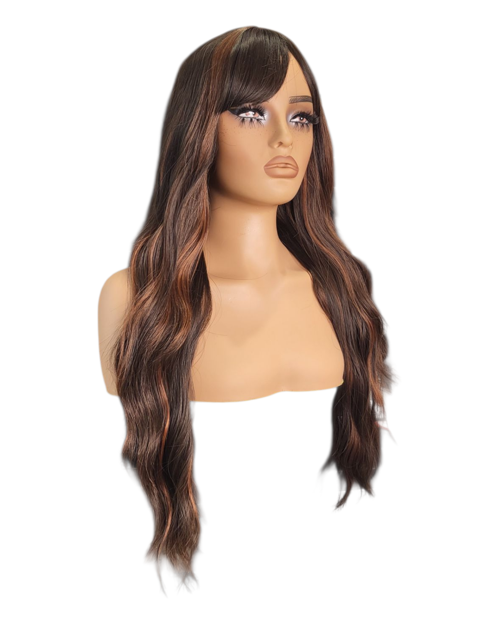 Brown Long Wavy Wig With Caramel Highlights. Tali