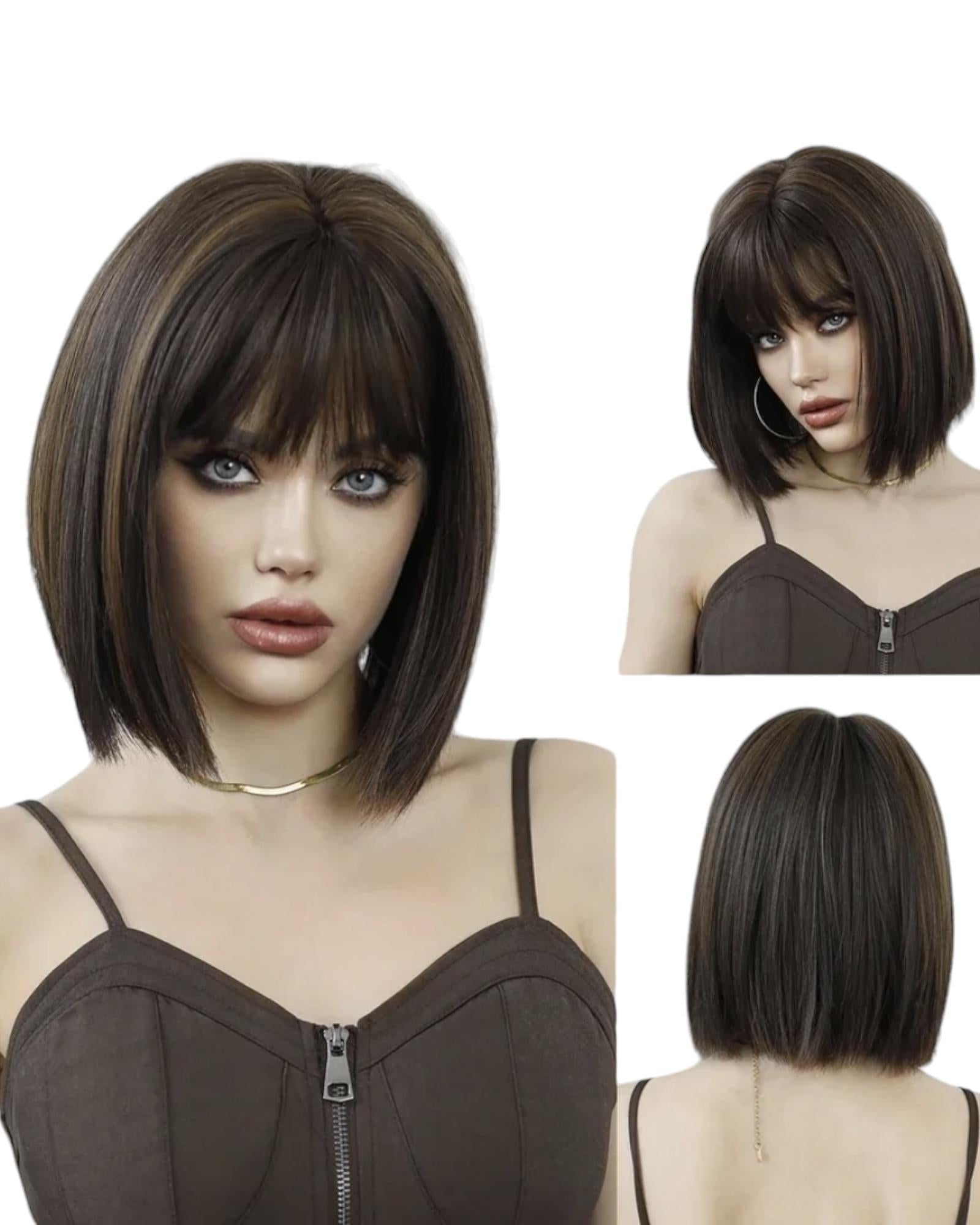 Brunette Bob Wig. Caramel Streaks. Peri