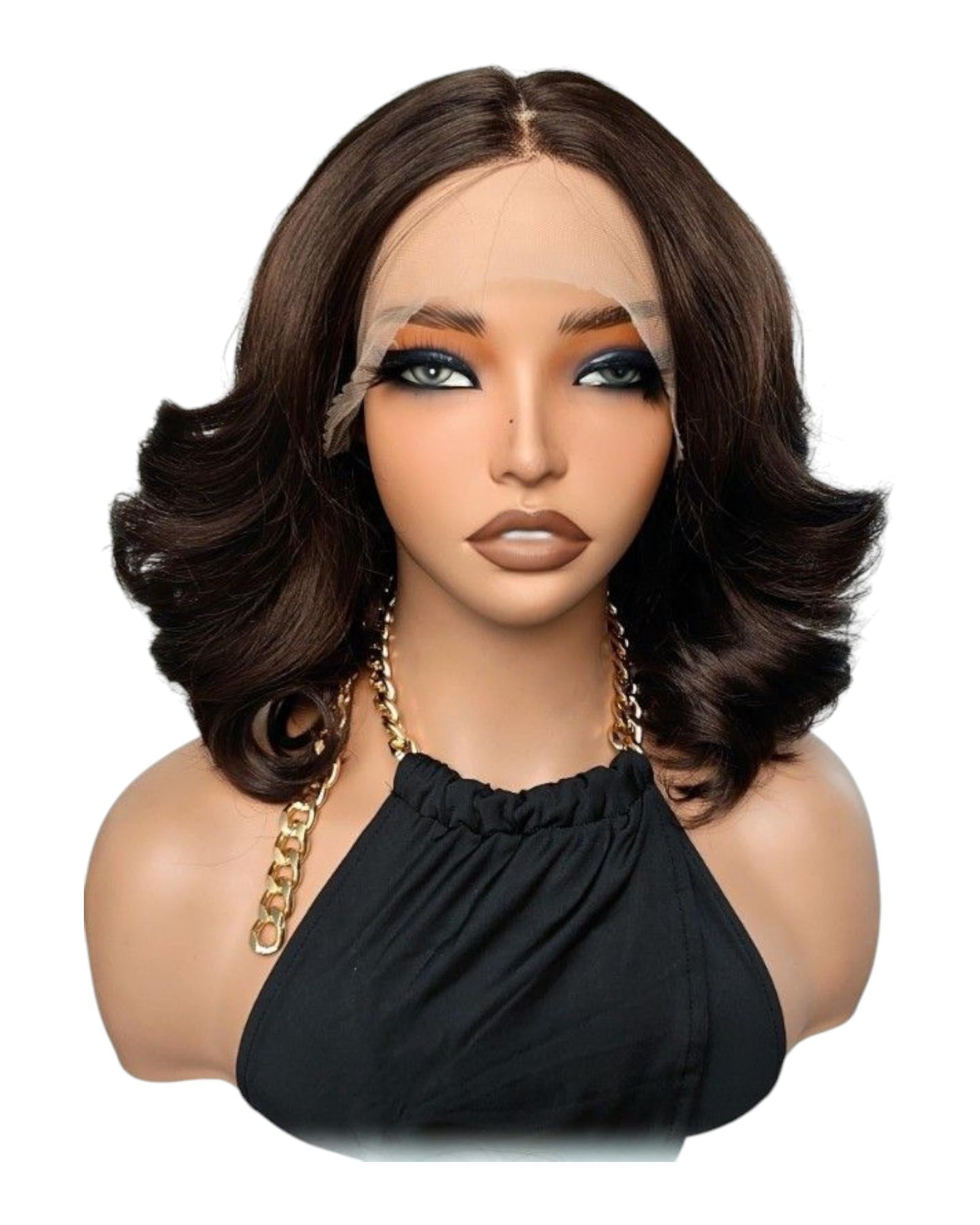 Dark Brown Wavy Bob Lace Front Wig. Demii