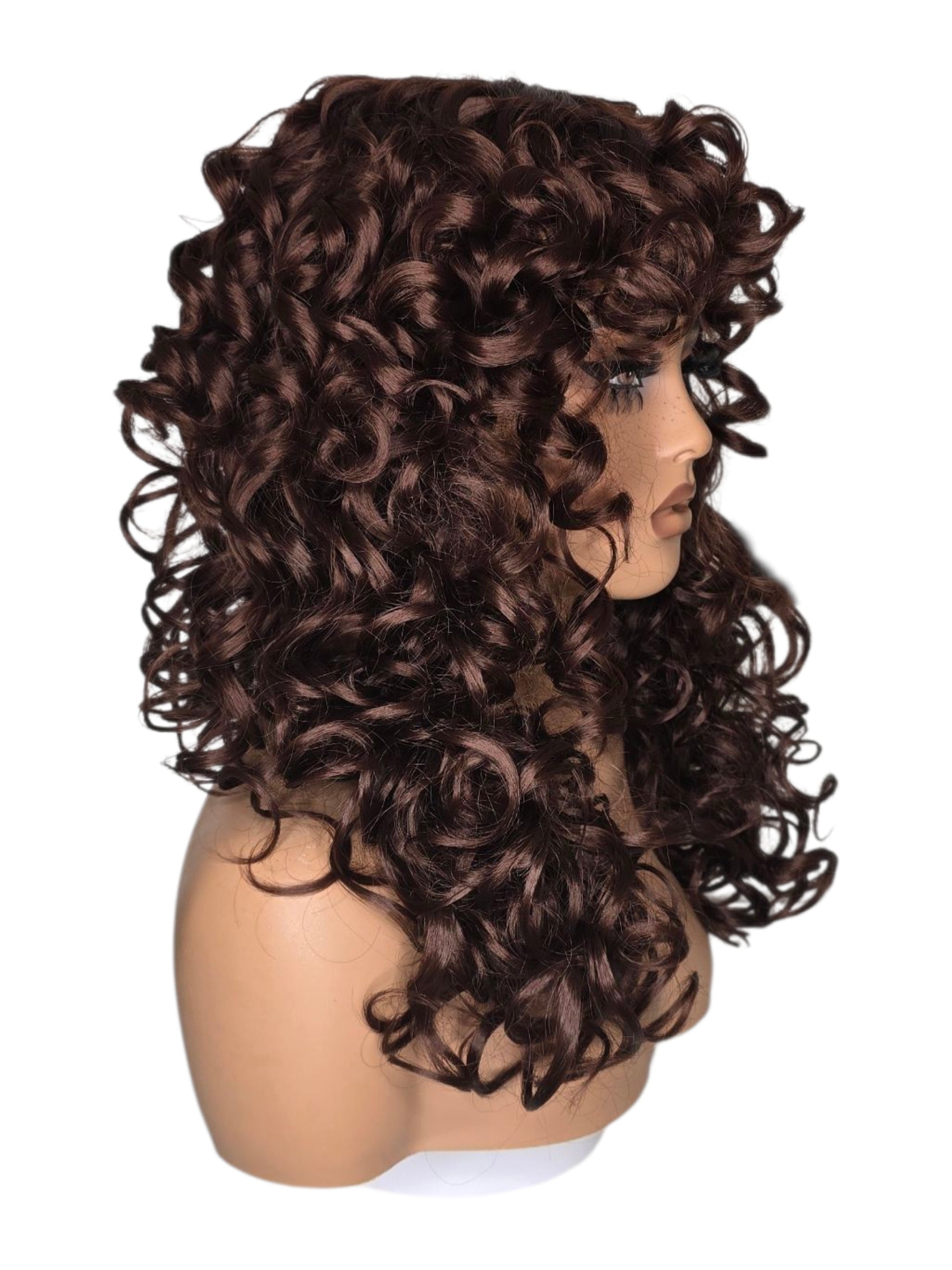 Auburn Brown Corkscrew Curls Bob Style Wig. Pasha