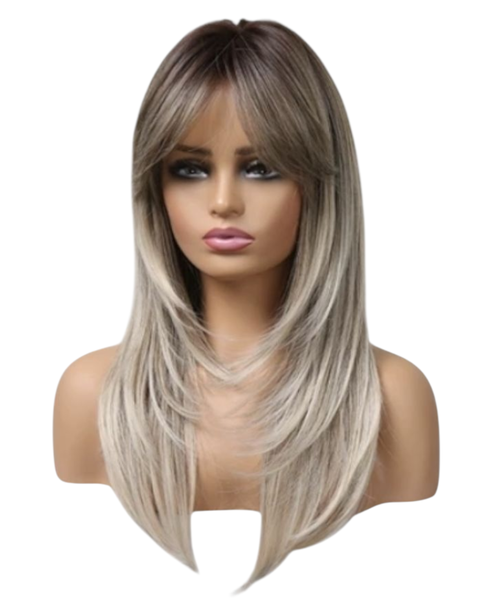 Rooted Blonde Layered Long Fringe Bangs Wig. Ally