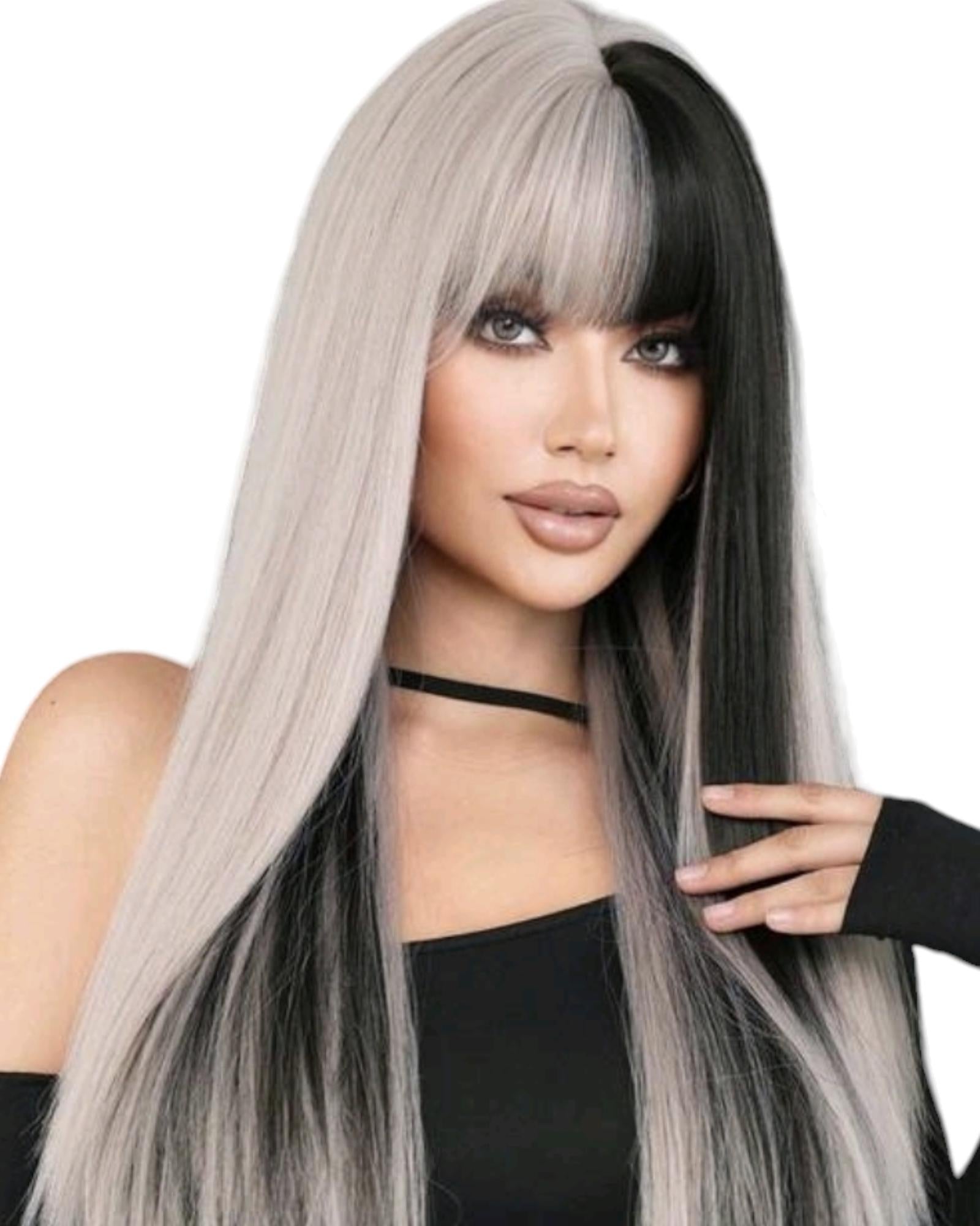 Grey Black Block Colour Straight Wig. Jossie.