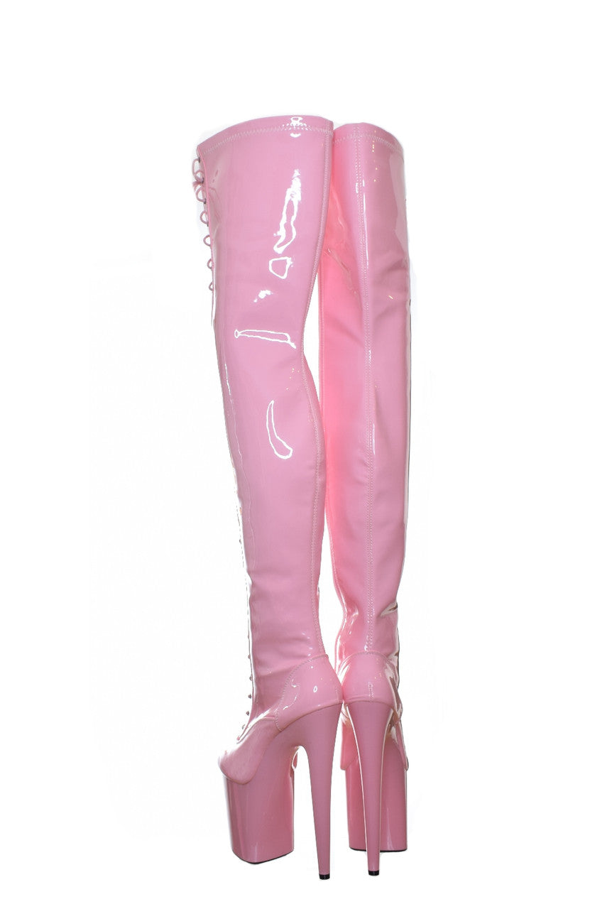 Bimbo Pink Thigh High Platform Boots. 20cm 8 Inch Heels. Dragpole Shoes