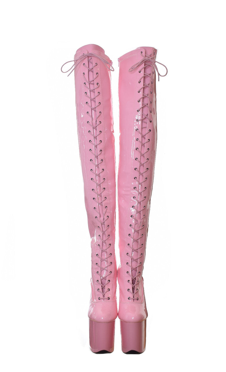 Bimbo Pink Thigh High Platform Boots. 20cm 8 Inch Heels. Dragpole Shoes