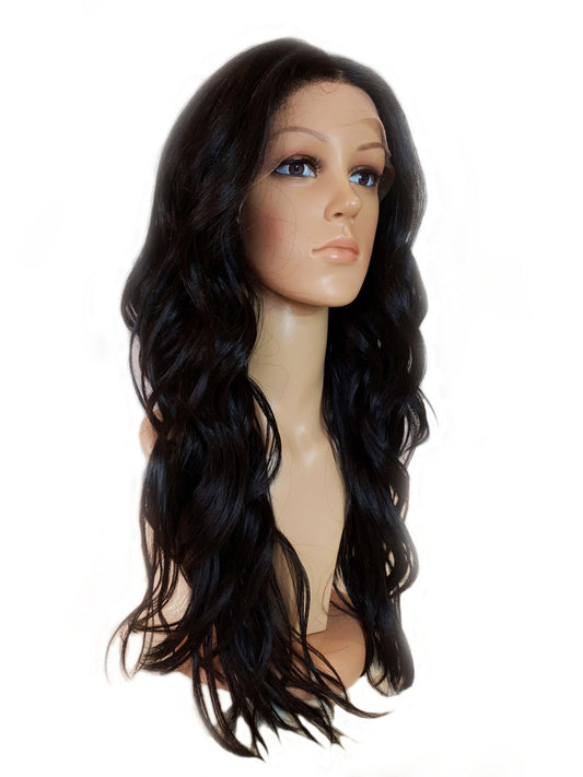 Black Lace Front long waterfall wave texture wig.
