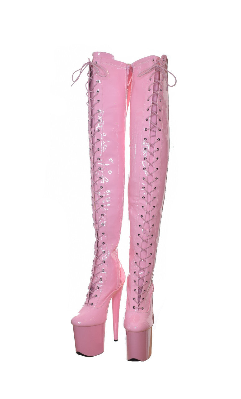 Bimbo Pink Thigh High Platform Boots. 20cm 8 Inch Heels. Dragpole Shoes