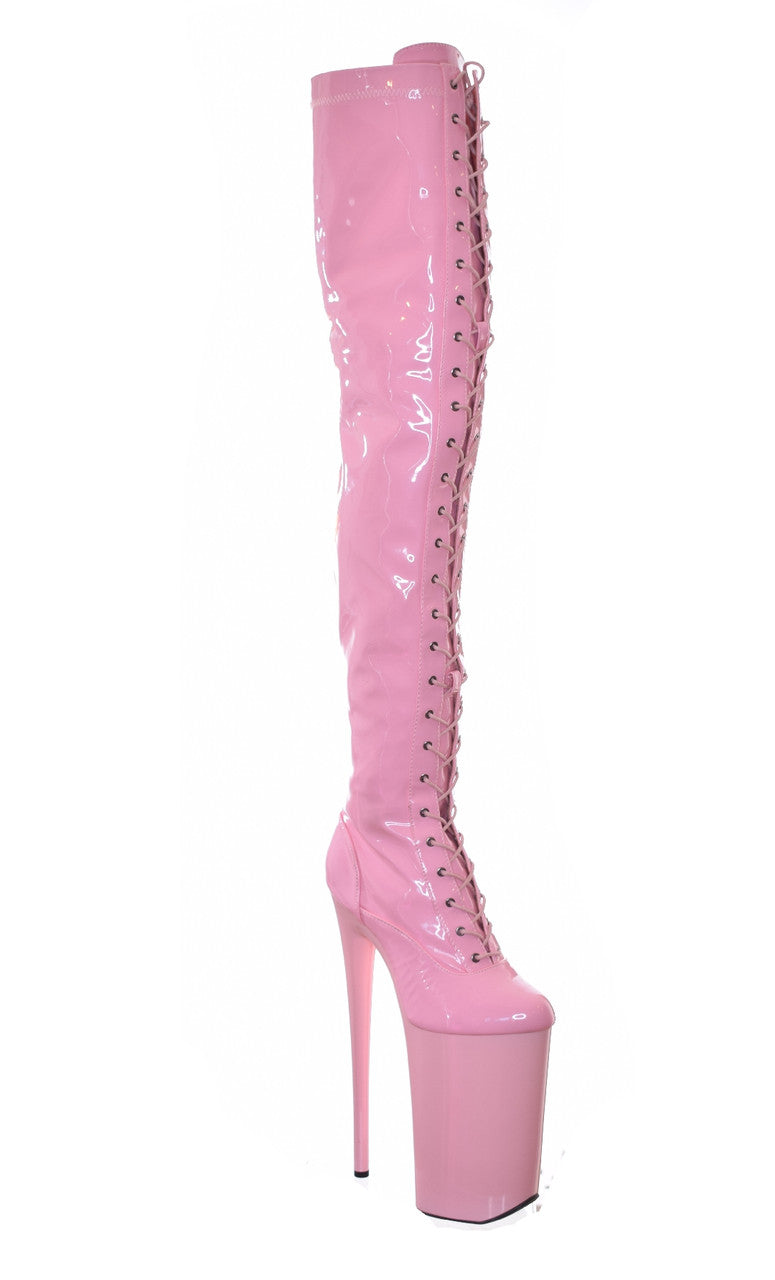 Bimbo Pink Thigh High Platform Boots. 20cm 8 Inch Heels. Dragpole Shoes