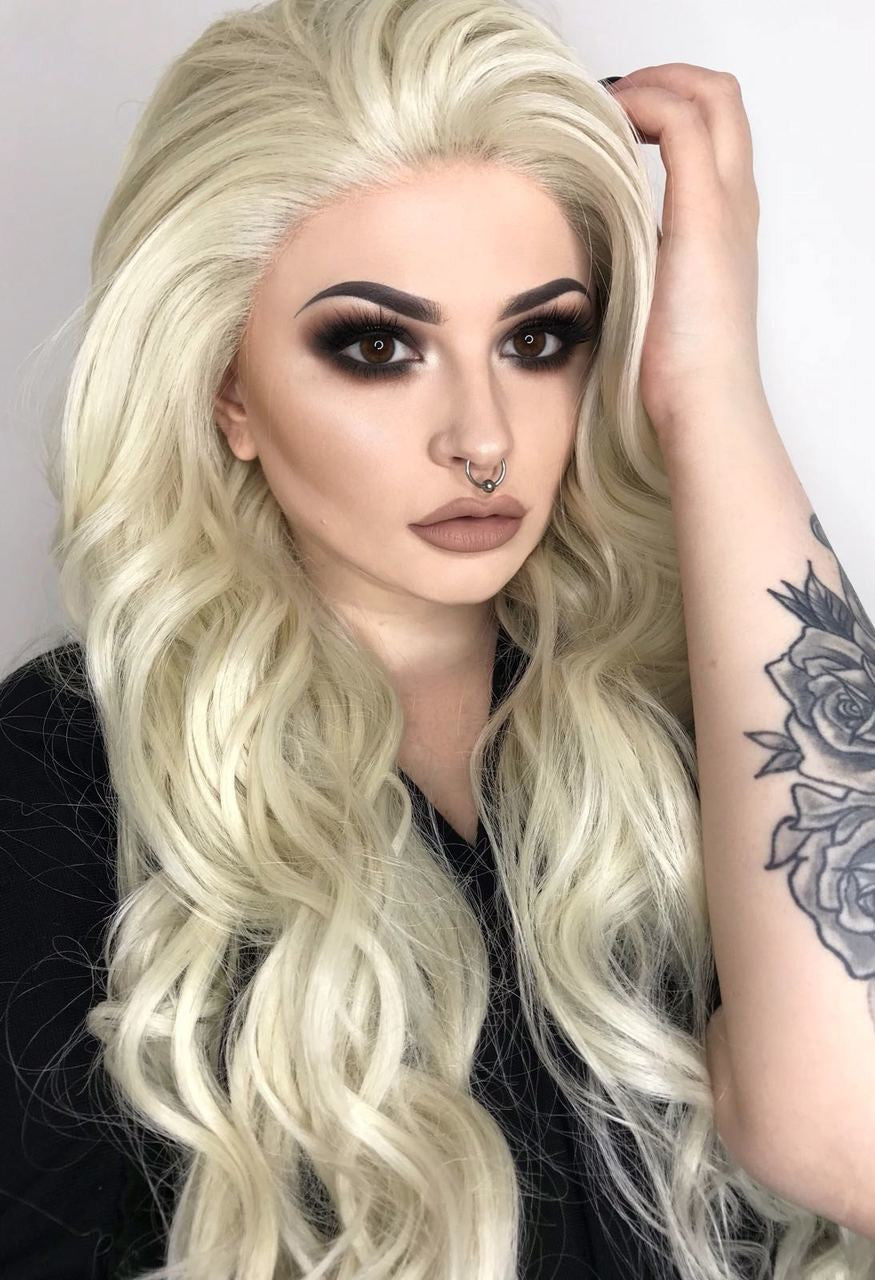 Extra Long Wavy Platinum Blonde Lace Front Wig. Jasmine
